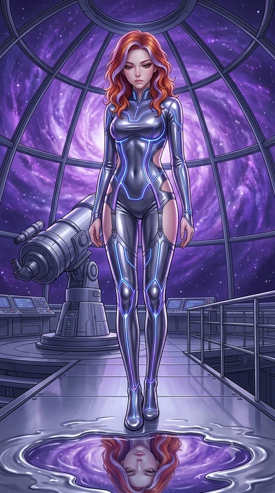 score_9, masterpiece, best quality, ultra-detailed, High-budget Anime Keyframe, Caucasian woman, strictly human ears. Low angle cowboy shot filling the entire 9:16 frame with her statuesque presence. Scenario 279: gazing at her reflection in a pool o