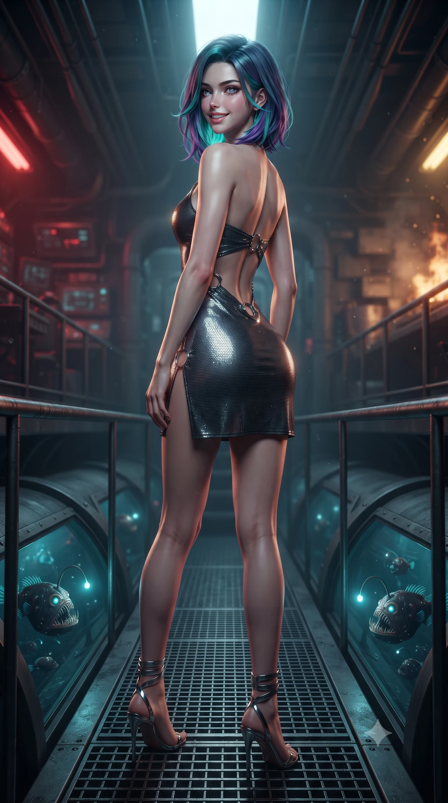 score_9, masterpiece, best quality, ultra-detailed, high-budget anime keyframe, editorial fashion photography, tasteful artistic composition, Caucasian woman. low angle full-body shot from head to toe showing her feet, filling the entire 9:16 vertical frame with her statuesque presence, stretching her vertical silhouette. walking along the terrace with poise, looking back over her bare shoulder with an irresistible smoldering bedroom-gaze while standing poised on the grated steel catwalk above flooded torpedo launch tubes, arching her spine with mysterious siren elegance as deep-sea anglerfish glow through the thick glass. The background shows a soft-focus condensing humidity droplets softened in deep-sea combat submarine bay shallow focus. She has an exceptionally tall and slender model-like 8.5-heads proportion, an ultra-slim waist, a flat toned midriff, narrow delicate ribcage, and beautifully sculpted feminine hips creating a graceful, slim hourglass silhouette without any bulky heaviness, with impossibly long slender legs. sharp v-shaped jawline, high-bridge nose, intricate jewel-like sparkling eyes with depth, thick eyelashes, glossy parted lips with a natural peach sheen, bright cheerful beaming smile with an enchanting and coquettish sensual glint, exuding both youthful cute charm and seductive allure, flawlessly proportioned anatomical accuracy, strict slender model proportions, natural body alignment, perfectly sculpted long slender limbs, ultra-slim waistline, clean dynamic posture without body distortion. wearing a provocative open-waist combat cutout mini dress framed by polished chrome ring hardware and thigh-high slit in liquid mercury chrome and stealth charcoal, crafted from stretch micro-mesh with liquid foil coating that shimmers with every movement, complemented by strappy stiletto sandals with metallic ankle wraps accentuating her slender calves, the second-skin tailored fabric adhering flawlessly to her sculpted flat midriff and slender torso, emphasizing her long leg lines and perfectly proportioned willowy build. bathed in moody 660nm deep red tactical battle stations lighting mixed with golden geothermal exterior fires. ultra-reflective glossy finish, specular highlights, rich textural contrasts, high-contrast stereoscopic depth, volumetric dynamic lighting, 2k, ultra detail, master piece, 9:16 ratio