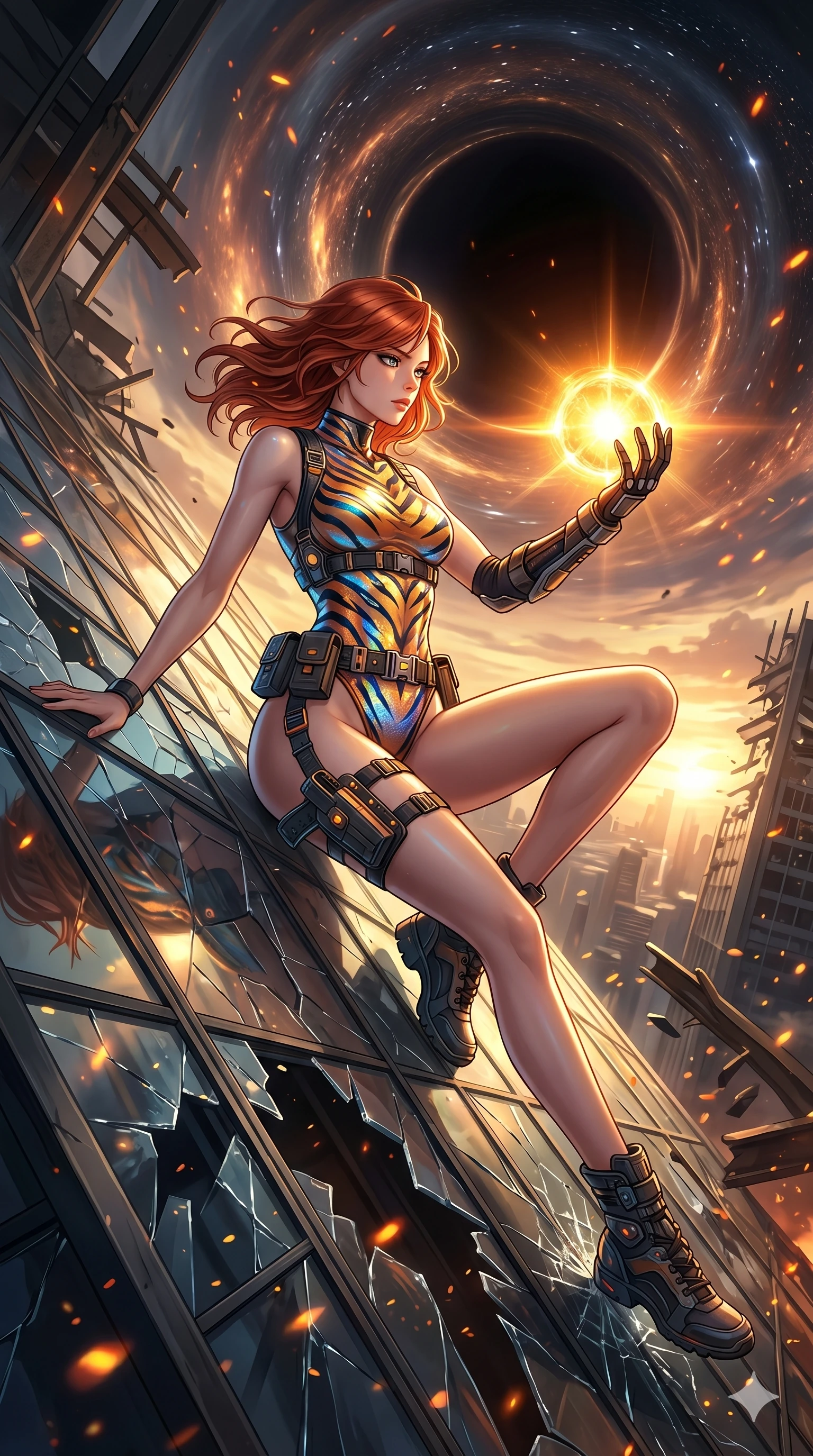 score_9, masterpiece, best quality, ultra-detailed, Set A: High-budget Anime Keyframe, Caucasian (human ears) woman. Low angle cowboy shot filling the entire 9:16 frame with her statuesque presence. Theme: Urban Decay. sliding down a glass skyscraper in the edge of a black hole, holding a glowing core that hums with the power of 172 suns. The atmosphere is filled with golden hour with floating embers. She has an absolutely perfect 8-heads proportion, an exceptionally tall and slender female figure with impossibly long slender legs and an ultra-slim waist. Sharp v-shaped jawline, high-bridge nose, intricate jewel-like eyes with depth, glossy lips. Wearing Holographic tiger-stripe bodysuit with a high-cut leg line and tactical belts. Cinematic lighting, vivid colors, dramatic shadows, 2k, ultra detail, master piece, 9:16 ratio