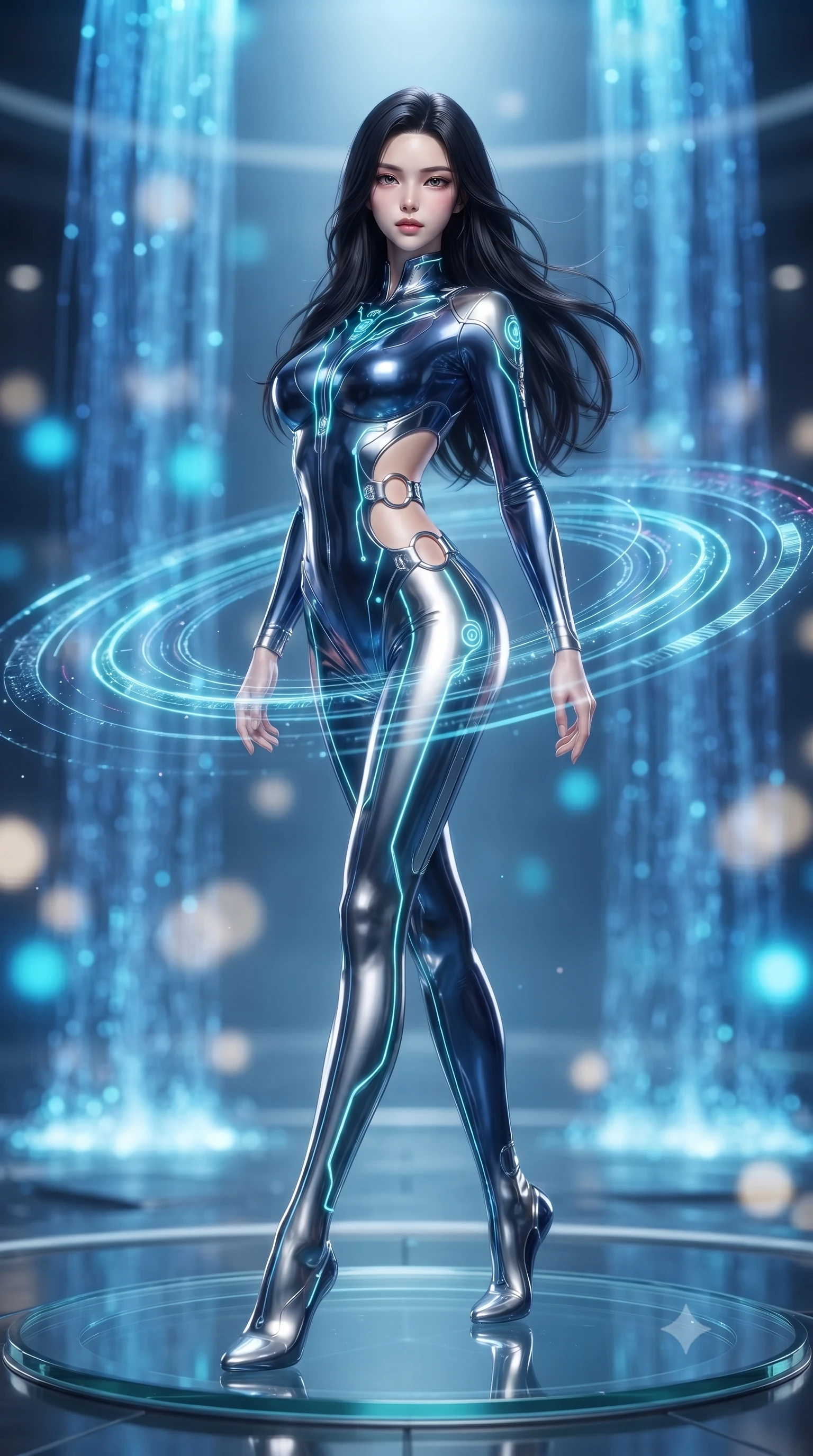 score_9, masterpiece, best quality, ultra-detailed, high-budget anime keyframe, editorial fashion photography, tasteful artistic composition, Korean woman. low angle full-body shot from head to toe showing her feet, filling the entire 9:16 vertical frame with her statuesque presence, stretching her vertical silhouette. arching her spine in a fluid zero-gravity turn with sovereign grace, her long slender legs and sculpted torso creating a sweeping line while pivoting dynamically on a circular glass platform as pulsing quantum data streams create swirling holographic rings around her waist. The composition keeps background elements in soft focus with creamy bokeh. cascading blue fiber-optic waterfalls and pulsing quantum data rings blurred into radiant sapphire and cyan bokeh. She has an absolutely perfect, statuesque 8.5-heads proportion, an exceptionally tall and slender model-like female figure with impossibly long slender legs, a toned flat midriff, and an ultra-slim waist. sharp v-shaped jawline, high-bridge nose, intricate jewel-like eyes with depth, thick eyelashes, glossy lips with a natural sheen, flawlessly proportioned anatomical accuracy, strict slender model proportions, natural body alignment, perfectly sculpted long slender limbs, ultra-slim waistline, clean dynamic posture without body distortion. wearing a statuesque midnight cobalt and polished platinum bodysuit featuring sleek aerodynamic contour lines and glowing circuit accents in polished mirror chrome and glowing electric cyan neon, crafted from ultra-reflective second-skin liquid metal with a mirror-like polish, detailed with polished silver rings connecting the daring side-waist cutouts, the form-contouring material adhering flawlessly to her sculpted flat midriff and slender torso, emphasizing her long leg lines and perfectly proportioned willowy build. illuminated by sharp specular highlights tracing her ultra-slim waist, long legs, and sculpted collarbones. ultra-reflective glossy finish, specular highlights, dark metallic sheen, high-contrast stereoscopic depth, volumetric dynamic lighting, 2k, ultra detail, master piece, 9:16 ratio