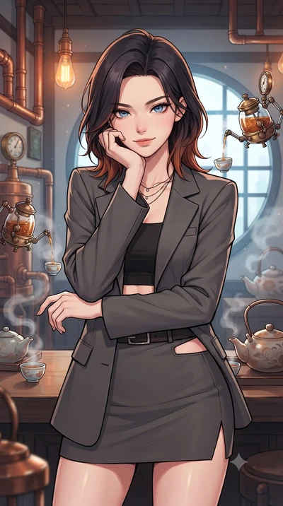score_9, masterpiece, best quality, ultra-detailed, high-budget anime keyframe, gorgeous anime illustration, with clean line-art and distinct ink outlines, Korean woman. close-up cowboy shot from the waist and thighs up, the character dominates the c