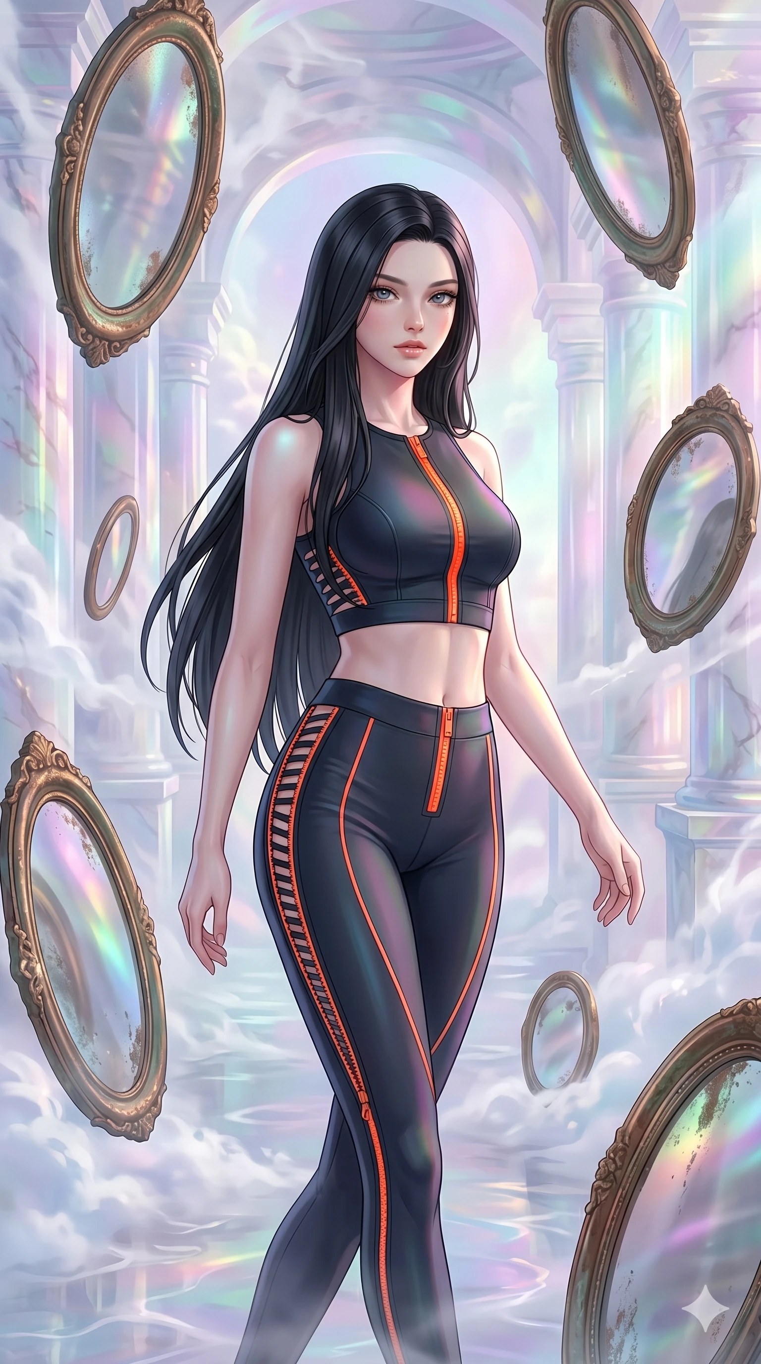 score_9, masterpiece, best quality, ultra-detailed, high-budget anime keyframe, Caucasian woman, strictly human ears. upper body close-up from the thighs up, character filling the screen for maximum presence. wandering through a mirage cloud cathedral of translucent marble and water mist, surrounded by floating ancient bronze mirror walls. She has an absolutely perfect 8-heads proportion, an exceptionally tall and slender female figure with impossibly long slender legs and an ultra-slim waist. V-shaped jawline, high-bridge nose, intricate jewel-like eyes with depth, thick eyelashes, glossy lips with a natural sheen.. wearing a second-skin neoprene cyber-athleisure set, featuring a tight crop top and leggings with fluorescent orange zipper accents and side slash panels. enhanced by a luminous pastel spectrum glow, casting elegant rim lights on her shoulders and jawline. 2k, ultra detail, master piece, 9:16 ratio