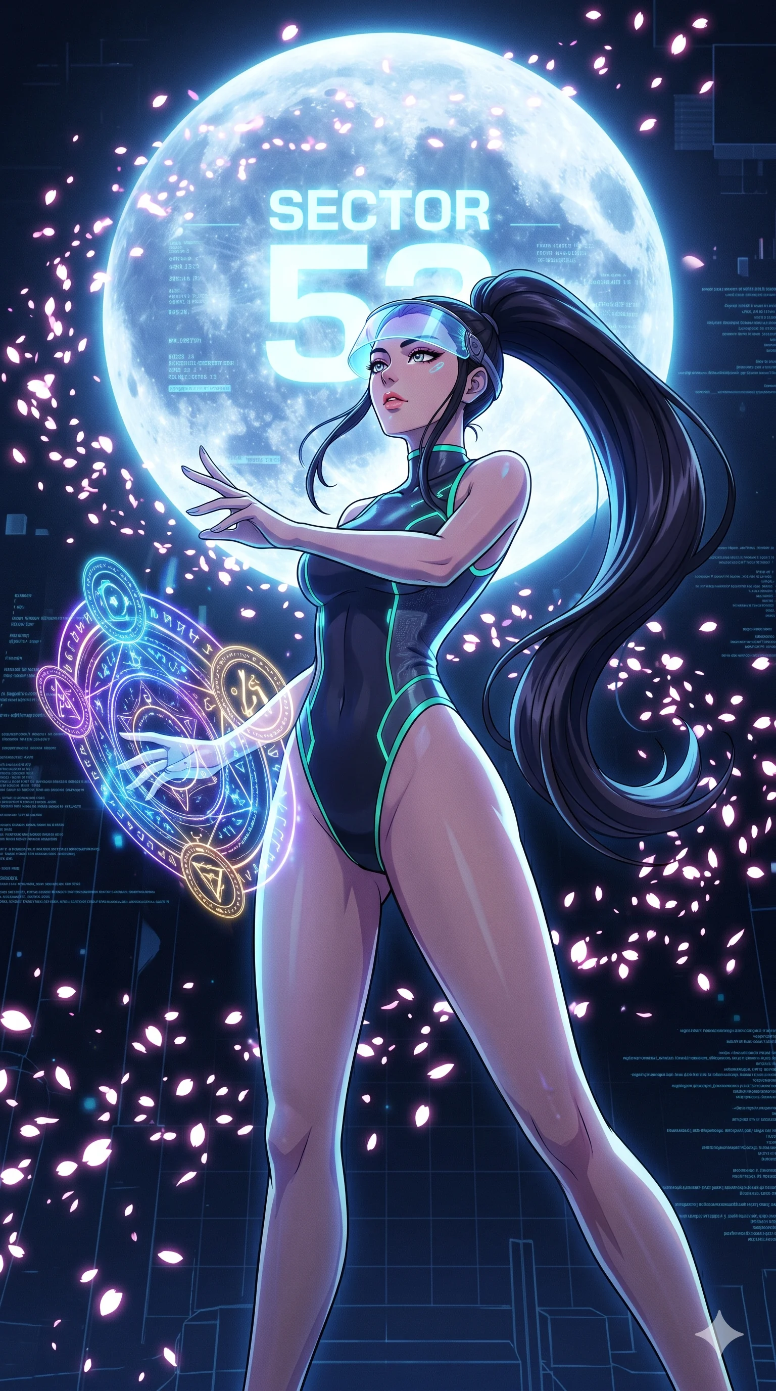 score_9, masterpiece, best quality, ultra-detailed, Set A: High-budget Anime Keyframe, Korean woman. Low angle cowboy shot filling the entire 9:16 frame with her statuesque presence. Casting a spell through a virtual reality void, with a massive holographic moon rising behind her marked as sector 53 and surrounded by digital sakura petals. She has an absolutely perfect 8-heads proportion, an exceptionally tall and slender female figure with impossibly long slender legs and an ultra-slim waist. Sharp v-shaped jawline, high-bridge nose, intricate jewel-like eyes with depth, thick eyelashes, glossy lips with a natural sheen. Wearing High-cut athletic leotard with glowing trim and a translucent visor accessory. Cinematic lighting, vibrant colors, dramatic shadows, 2k, ultra detail, master piece, 9:16 ratio