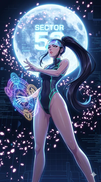 score_9, masterpiece, best quality, ultra-detailed, Set A: High-budget Anime Keyframe, Korean woman. Low angle cowboy shot filling the entire 9:16 frame with her statuesque presence. Casting a spell through a virtual reality void, with a massive holo