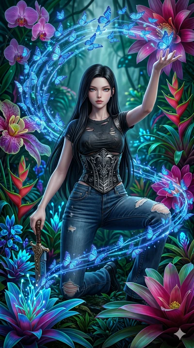 score_9, masterpiece, best quality, ultra-detailed, Set A: Photorealistic 8k CG, Japanese woman. Low angle cowboy shot filling the entire 9:16 frame with her statuesque presence. Commandering a swarm of holographic butterflies in a lush jungle of gia