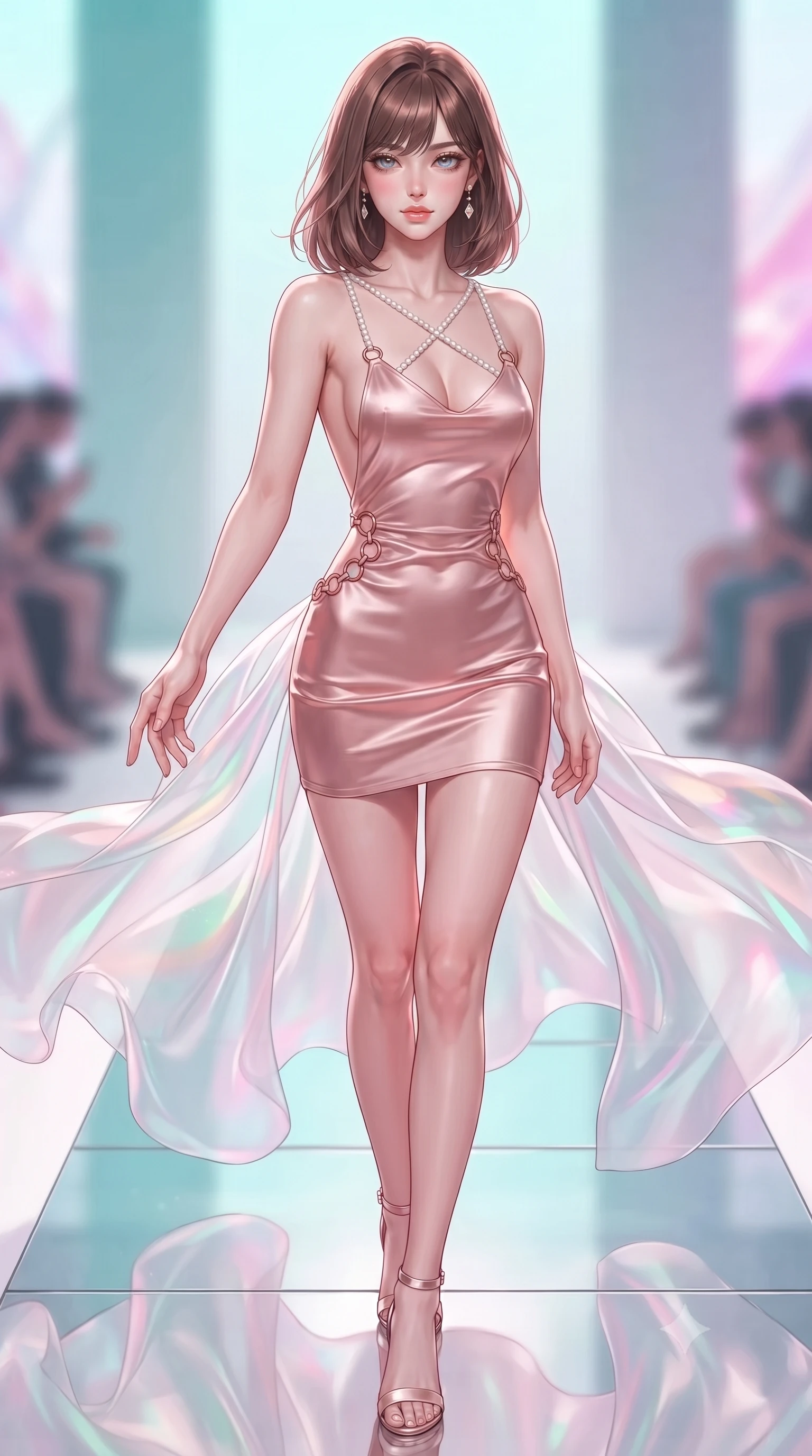 score_9, masterpiece, best quality, ultra-detailed, high-budget anime keyframe, editorial fashion photography, tasteful artistic composition, Korean woman. close-up cowboy shot from the waist and thighs up, the character dominates the composition, filling the frame with her large presence, background elements kept in soft focus. Reaching one hand toward the viewer with relaxed elegance, walking along a mirror runway surrounded by billowing translucent holographic silk, soft sunlight filtering through organza layers casting pastel color shadows. She has an exceptionally elegant, slender, and willowy female figure with an ultra-slim waist, a gracefully sculpted slender torso, and a refined silhouette. sharp v-shaped jawline, high-bridge nose, intricate jewel-like eyes with depth, thick eyelashes, glossy lips with a natural sheen. wearing dramatically scooped backless rose-gold satin mini dress with criss-cross straps in pearl white, made of soft rose-gold satin, trimmed with rose-gold ring hardware along the waist contours, the fitted fabric emphasizing her ultra-slim waist. bathed in soft airy daylight with pastel turquoise and magenta highlights. highly saturated vibrant anime colors, detailed shading with soft gradients, rich glossy textures, high-contrast stereoscopic depth, volumetric dynamic lighting, master piece, 9:16 ratio