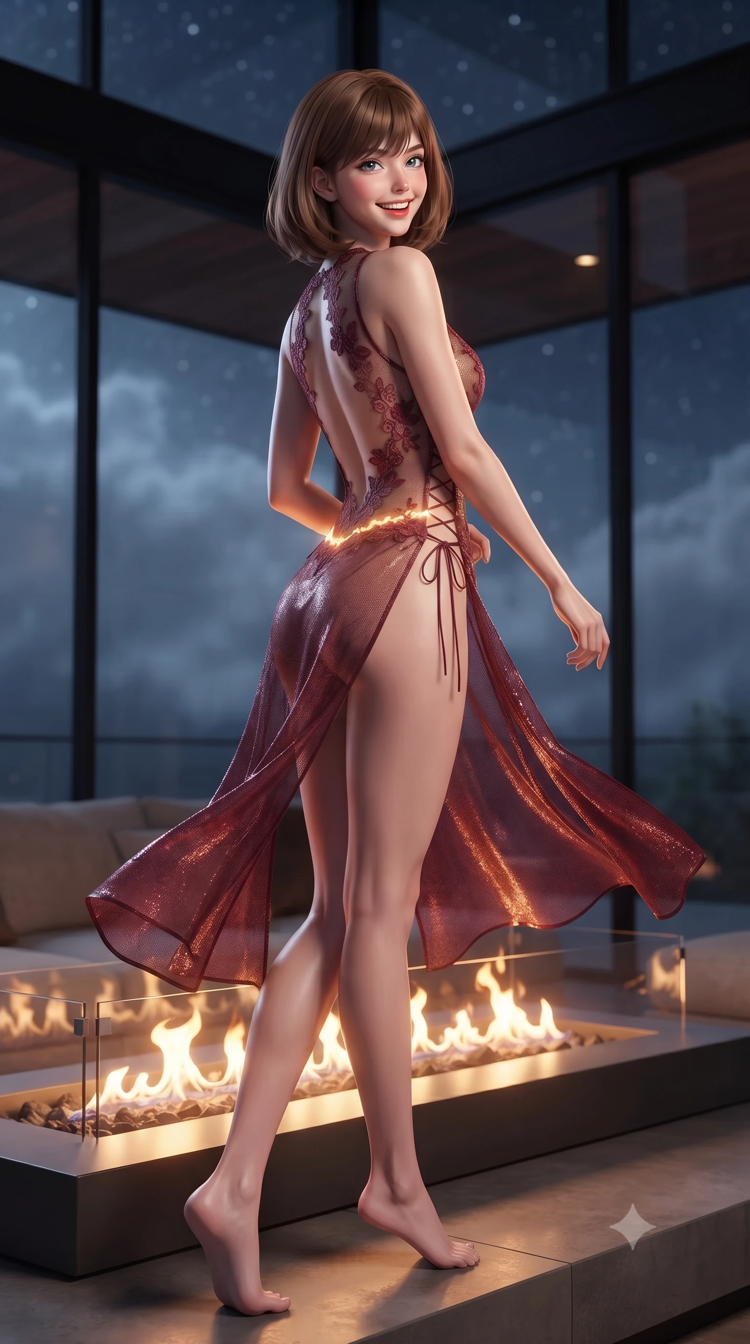 score_9, masterpiece, best quality, ultra-detailed, high-budget anime keyframe, editorial fashion photography, tasteful artistic composition, Caucasian woman. low angle full-body shot from head to toe showing her feet, filling the entire 9:16 vertical frame with her statuesque presence, stretching her vertical silhouette. executing a slow, graceful pivot turn as her skirt sways around her slender legs, glancing back with an enchanting, teasing sensual expression while twisting her slender torso in an alluring contrapposto stance beside the interior fire pit, glowing flames tracing her flat midriff and hips. The surrounding environment is rendered in vivid detail and crisp panoramic clarity: detailed garment lines, bodycon fit, and monumental engineering in high resolution. She has an exceptionally tall and slender model-like 8.5-heads proportion, an ultra-slim waist, a flat toned midriff, narrow delicate ribcage, and beautifully sculpted feminine hips creating a graceful, slim hourglass silhouette without any bulky heaviness, with impossibly long slender legs. sharp v-shaped jawline, high-bridge nose, intricate jewel-like sparkling eyes with depth, thick eyelashes, glossy parted lips with a natural peach sheen, bright cheerful beaming smile with an enchanting and coquettish sensual glint, exuding both youthful cute charm and seductive allure, flawlessly proportioned anatomical accuracy, strict slender model proportions, natural body alignment, perfectly sculpted long slender limbs, ultra-slim waistline, clean dynamic posture without body distortion. wearing an alluring backless sheer lace leotard with high-cut leg openings and delicate floral embroidery framing her spine in Franschhoek vineyard pinotage burgundy and oak honey, crafted from stretch micro-mesh with liquid foil coating that shimmers with every movement, featuring fine criss-cross lace-up side ties revealing tantalizing glimpses of her hip curve, the high-slit wrap tailoring accentuating her ultra-slim waistline and the enchanting curve of her feminine hips with alluring seductive charm. bathed in warm 2300K indoor hearth firelight contrasted with cool 6000K midnight cloud mist and starlight through glass. ultra-reflective glossy finish, specular highlights, rich textural contrasts, high-contrast stereoscopic depth, volumetric dynamic lighting, 2k, ultra detail, master piece, 9:16 ratio