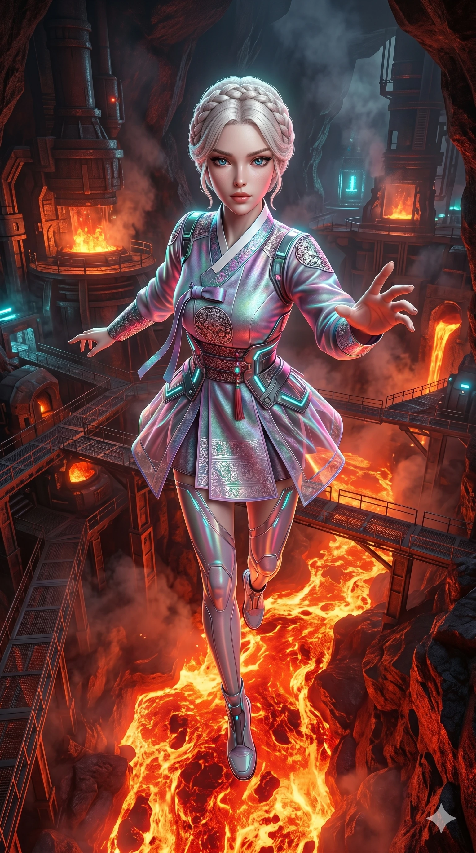 score_9, masterpiece, best quality, ultra-detailed, photorealistic 8k CG, hyper-detailed textures, ray-tracing, Caucasian (strictly human ears) woman. Extreme high angle shot as she leaps towards the camera, filling the frame. leaping over a river of molten lava in a volcanic forge. She has an absolutely perfect 8-heads proportion, an exceptionally tall and slender female figure with graceful and slender proportions. strictly human anatomy, two legs only, no extra limbs, clearly defined legs and arms, perfect anatomy, perfect hands and fingers. sharp v-shaped jawline, high-bridge nose, intricate jewel-like eyes, thick eyelashes, glossy lips. Wearing Modern Traditional: Shortened cyber-hanbok with fusion silk robes and transparent panels. The scene is illuminated by dramatic atmospheric lighting and vibrant color palettes. , 2k, ultra detail, master piece, 9:16 ratio