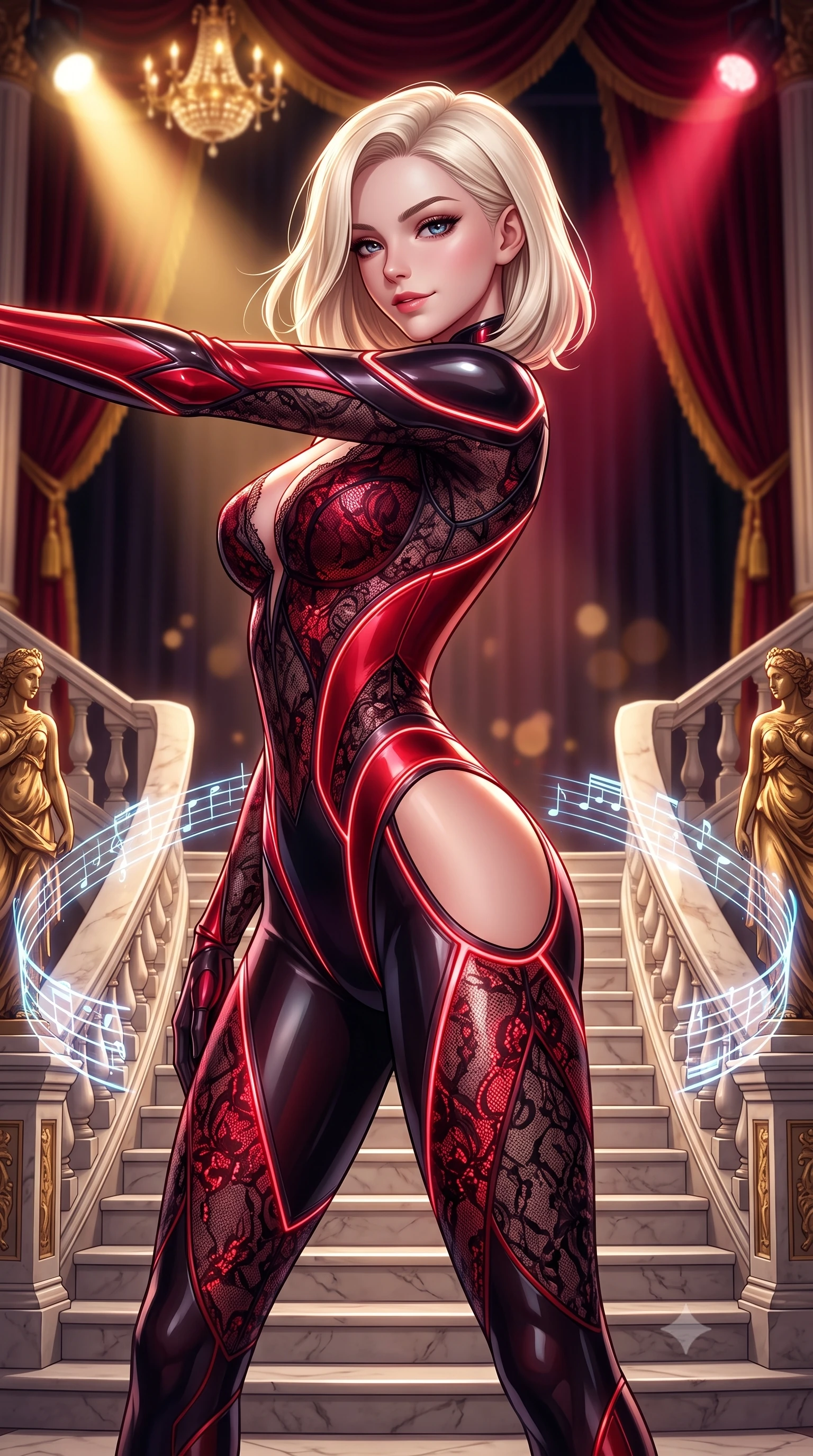 score_9, masterpiece, best quality, ultra-detailed, high-budget anime keyframe, semi-realistic 3D game render, editorial fashion photography, tasteful artistic composition, Caucasian woman. close-up cowboy shot from the waist and thighs up, the character dominates the composition, filling the frame with her large presence. stretching forward with an alluring arch of her spine, glancing over her shoulder with thick eyelashes and a smoldering half-smile while pivoting dynamically on a grand marble staircase flanked by golden statues and holographic musical scores. The composition keeps background elements in soft focus with creamy bokeh. velvet theatre curtains and dramatic stage spotlights softened in rich atmospheric depth of field. She has an exceptionally elegant, slender, and willowy female figure with an ultra-slim waist, a gracefully sculpted slender torso, and a refined silhouette. sharp v-shaped jawline, high-bridge nose, intricate jewel-like eyes with depth, thick eyelashes, glossy lips with a natural sheen, flawlessly proportioned anatomical accuracy, natural body alignment, perfectly sculpted elegant limbs, clean dynamic posture without body distortion. wearing a skin-tight cybernetic bodysuit with glowing neon seams, deep hip cutouts, and an aerodynamic athletic fit in glossy obsidian black and radiant crimson red, crafted from delicate dark lace interwoven with luminescent micro-fibers, accented with glowing fiber-optic seams tracing her collarbones and hip curves, the liquid-tight fabric adhering flawlessly to her sculpted torso and slender silhouette. bathed in warm golden chandelier candlelight and dramatic crimson theatrical spotlights. highly saturated vibrant anime colors, detailed shading with soft gradients, rich glossy textures, high-contrast stereoscopic depth, volumetric dynamic lighting, master piece, 9:16 ratio