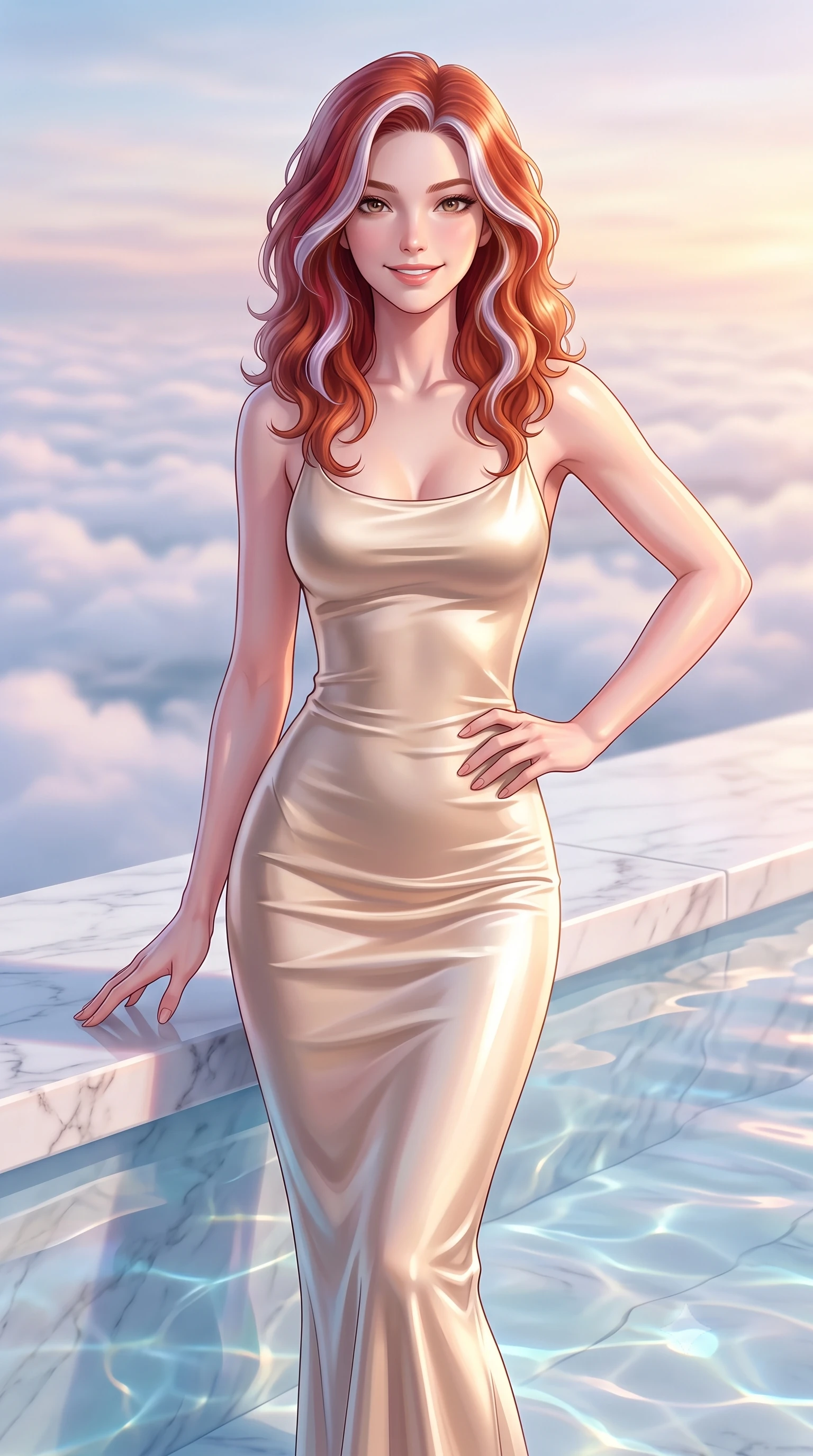 score_9, masterpiece, best quality, ultra-detailed, high-budget anime keyframe, editorial fashion photography, tasteful artistic composition, Caucasian woman woman. close-up cowboy shot from the waist and thighs up, the character dominates the composition, filling the frame with her large presence, background elements kept in soft focus. She has an exceptionally elegant, slender, and willowy female figure with an ultra-slim waist, a gracefully sculpted slender torso, and a refined silhouette. smiling with quiet, magnetic self-assurance directly into the camera lens, flawlessly proportioned anatomical accuracy, natural body alignment, perfectly sculpted elegant limbs, clean dynamic posture without body distortion. set against a soft-focus background of a white marble terrace pool above a sea of clouds. wearing a sculpted champagne satin bodycon gown following her slender silhouette like liquid metal. bathed in soft pastel dawn light reflecting off clear water onto her refined features. highly saturated vibrant anime colors, detailed shading with soft gradients, rich glossy textures, high-contrast stereoscopic depth, volumetric dynamic lighting, master piece, 9:16 ratio