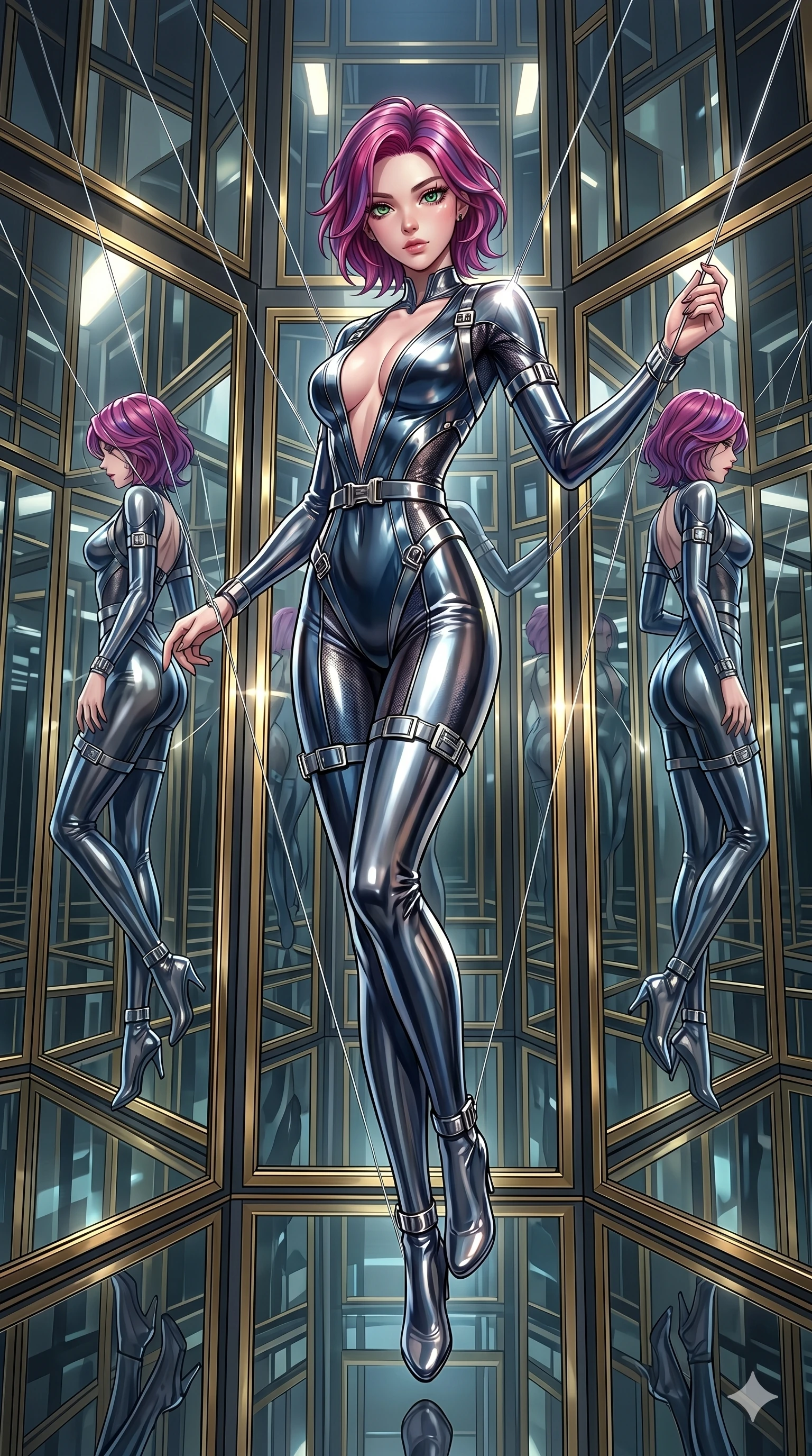 score_9, masterpiece, best quality, ultra-detailed, High-budget Anime Keyframe, East Asian woman. Dynamic full-body shot stretching the vertical silhouette to the limit. Scenario 176: Suspended by invisible silk threads in a hall of mirrors. Her presence is magnetic and overpowering in this high-budget anime scene. Outfit 176: A molten liquid silk mesh with a plunging V-neckline and metallic buckles. The clothing is designed to emphasize her exceptionally tall and slender 8-heads proportion. 8-heads proportion, towering silhouette, ultra-slim waist. sharp v-shaped jawline, intricate jewel-like eyes with depth, thick eyelashes, glossy lips. 2k, ultra detail, master piece, 9:16 ratio
