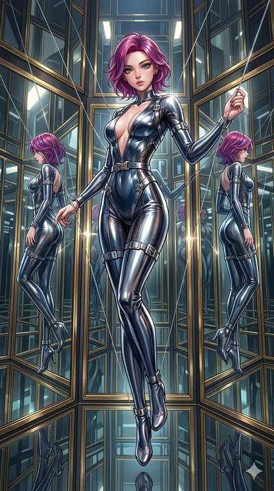 score_9, masterpiece, best quality, ultra-detailed, High-budget Anime Keyframe, East Asian woman. Dynamic full-body shot stretching the vertical silhouette to the limit. Scenario 176: Suspended by invisible silk threads in a hall of mirrors. Her pres