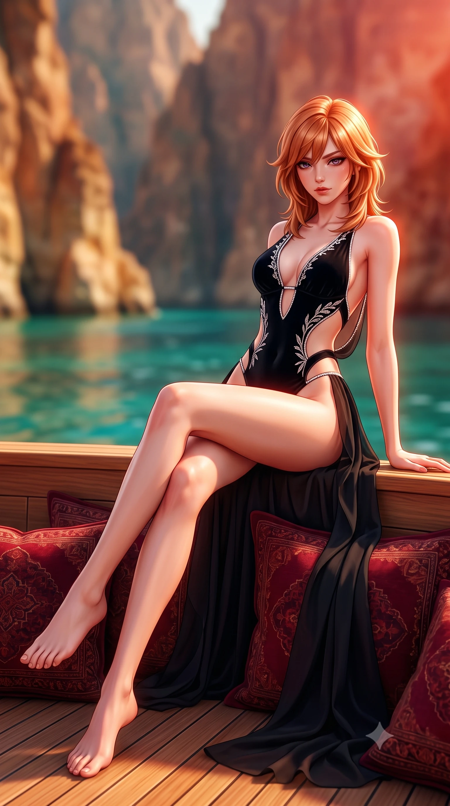 score_9, masterpiece, best quality, ultra-detailed, high-budget anime keyframe, semi-realistic 3D game render, editorial fashion photography, tasteful artistic composition, Korean woman. low angle full-body shot from head to toe showing her feet, filling the entire 9:16 vertical frame with her statuesque presence, stretching her vertical silhouette. sitting perched on the elevated edge with hips angled toward the camera and legs crossed, displaying her toned midriff and flawlessly sculpted slender limbs while reclining on rich crimson Persian cushions on the open teak deck of a luxury dhow cruising through towering desert fjord canyons. The composition keeps background elements in soft focus with creamy bokeh. towering jagged fjord cliff faces and crystalline emerald sea waters blurred into warm ochre, turquoise, and bronze bokeh. She has an exceptionally tall and slender model-like 8.5-heads proportion, an ultra-slim waist, a flat toned midriff, narrow delicate ribcage, and beautifully sculpted feminine hips creating a graceful, slim hourglass silhouette without any bulky heaviness, with impossibly long slender legs. sharp v-shaped jawline, high-bridge nose, intricate jewel-like eyes with depth, thick eyelashes, glossy parted lips with a natural sheen, intensely captivating and seductive bedroom-eyes expression, flawlessly proportioned anatomical accuracy, strict slender model proportions, natural body alignment, perfectly sculpted long slender limbs, ultra-slim waistline, clean dynamic posture without body distortion. wearing a botanical cutout monokini with organic leaf-curve side openings and high-cut hip bands in pitch-black velvet with diamond crystal trim, woven from layered gossamer chiffon with a weightless sweeping drape, finished with delicate crystal frost embroidery tracing the plunging neckline, the precision-cut side openings and low-back scoop framing her graceful spine and the sensual sweep of her slim, toned hips. bathed in blazing crimson and copper sunset backlighting and warm water surface bounce fill. highly saturated vibrant anime colors, detailed shading with soft gradients, rich glossy textures, high-contrast stereoscopic depth, volumetric dynamic lighting, master piece, 9:16 ratio