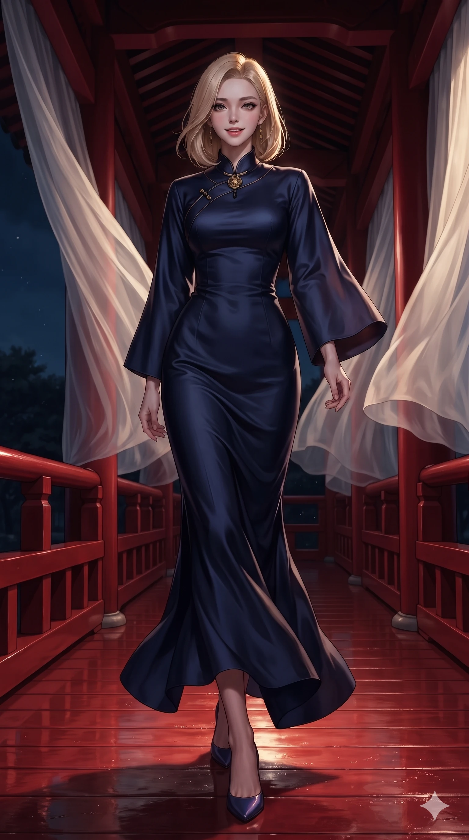 score_9, masterpiece, best quality, ultra-detailed, high-budget anime keyframe, editorial fashion photography, tasteful artistic composition, Korean woman. low angle full-body shot from head to toe showing her feet, filling the entire 9:16 vertical frame with her statuesque presence, stretching her vertical silhouette. stepping forward in a confident stride, her long slender legs and curvaceous hips creating a dynamic, sweeping vertical line while walking slowly down the sweeping red lacquer veranda corridor as nocturnal breezes whip sheer silk curtains around her curves. The surrounding environment is rendered in vivid detail and crisp panoramic clarity: sharp red lacquer gloss on railings, sheer silk curtain weave transparency, and carved wooden floor joists in deep focus. She has an absolutely perfect, statuesque 8.5-heads proportion, an exceptionally tall and slender model-like female figure with impossibly long slender legs, an ultra-slim waist, a flat toned midriff, narrow delicate ribcage, and beautifully sculpted feminine hips creating a graceful, slim hourglass silhouette without any bulky heaviness. sharp v-shaped jawline, high-bridge nose, sparkling eyes with hypnotic seductive depth, thick curled eyelashes, glossy parted lips with a natural dewy peach sheen, alluring bedroom-eyes with an enchanting coquettish smile, exuding magnetic siren charisma and sophisticated glamour, flawlessly proportioned anatomical accuracy, strict slender model proportions, natural body alignment, perfectly sculpted long slender limbs, ultra-slim waistline, clean dynamic posture without body distortion. wearing a tailored silk faille evening gown with traditional curved dongjeong collar and tailored sleeves in midnight indigo and glowing lantern topaz, tailored from heavy double-faced silk faille with an exceptionally fluid drape, accented with an authentic engraved gold medallion and obsidian cabochons, the impeccably tailored cut draping gracefully along her slender figure with aristocratic eastern poise. bathed in high-contrast full-moon light streaming horizontally between veranda pillars. ultra-reflective glossy finish, specular highlights, rich textural contrasts, high-contrast stereoscopic depth, volumetric dynamic lighting, 2k, ultra detail, master piece, 9:16 ratio