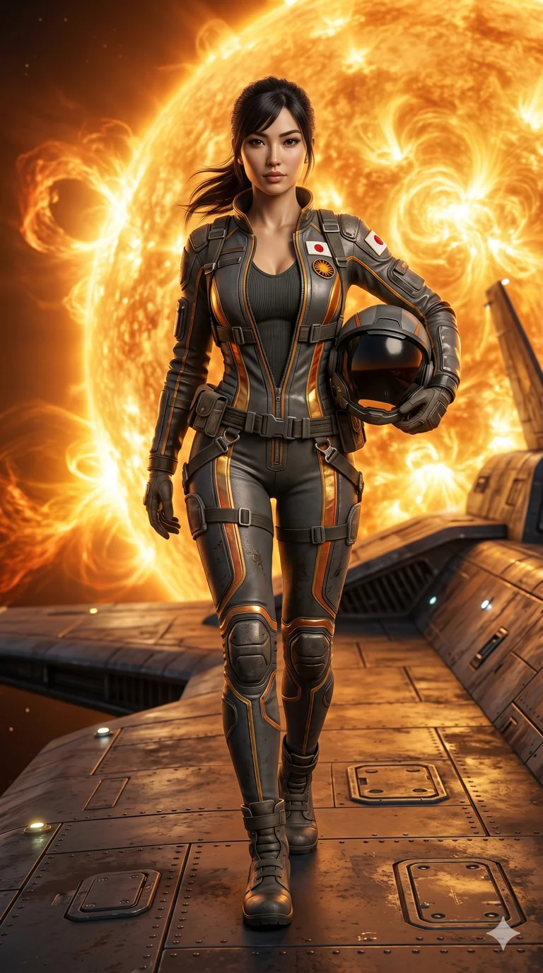 score_9, masterpiece, best quality, ultra-detailed, photorealistic 8k CG render, an incredibly beautiful Japanese woman. Full-body shot stretching the vertical silhouette, dominating the 9:16 frame. She is a solar flare pilot walking on the wing of a giant star-cruiser near a burning sun. She possesses a statuesque height and a towering silhouette, highlighting her long slender legs and perfect 8-heads proportion. Her face is a flawless masterpiece with a sharp v-shaped jawline, high-bridge nose, expressive jewel-like eyes, thick eyelashes, and perfectly glossy lips. She is wearing a vibrant gold and orange heat-shield suit unzipped deeply. A massive sun filling the background with intense flares and solar winds, radiant lighting., 2k, ultra detail, master piece, 9:16 ratio