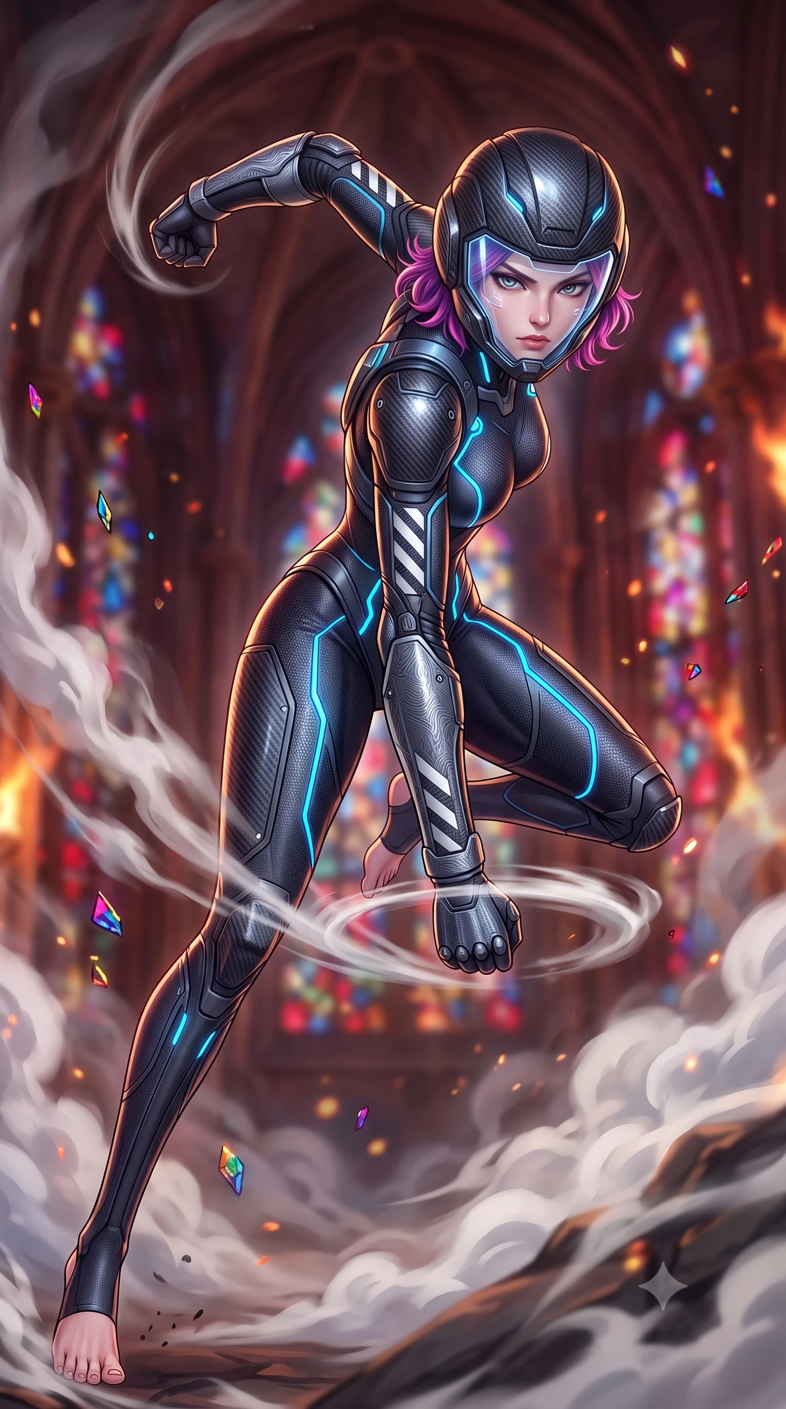 score_9, masterpiece, best quality, ultra-detailed, high-budget anime keyframe, semi-realistic 3D game render, editorial fashion photography, tasteful artistic composition, Caucasian woman. low angle full-body shot from head to toe showing her feet, filling the entire 9:16 vertical frame with her statuesque presence, stretching her vertical silhouette. leaping into mid-air with an athletic yet alluring arch of her spine, driving a downward kinetic strike surrounded by a ring of displaced air while striding forward through drifting incense and cordite smoke with fierce, regal warrior composure. The composition keeps background elements in soft focus with creamy bokeh. burning cathedral arches and scattered stained-glass jewel fragments blurred into rich ruby, sapphire, and gold bokeh. She has an absolutely perfect, statuesque 8.5-heads proportion, an exceptionally tall and slender model-like female figure with impossibly long slender legs, a toned flat midriff, and an ultra-slim waist. sharp v-shaped jawline, high-bridge nose, intricate jewel-like eyes with depth, thick eyelashes, glossy lips with a natural sheen, fierce and resolute heroine expression, flawlessly proportioned anatomical accuracy, strict slender model proportions, natural body alignment, perfectly sculpted long slender limbs, ultra-slim waistline, clean dynamic posture without body distortion. wearing an open-face aerodynamic carbon-fiber combat helmet with a retracted transparent holographic HUD visor framing her sharp jawline and jewel-like eyes, paired with a skin-tight dark carbon-weave combat bodysuit with glowing neon energy conduits and reinforced Damascus-pattern forearm strike guards in storm-grey carbon mesh with high-contrast white hazard stripes, made of lightweight aerodynamic carbon-titanium alloy with precision-beveled armor seams, finished with high-mobility flexible armor articulation seams and miniature magnetic locks, the form-contouring material adhering flawlessly to her sculpted flat midriff and slender torso, emphasizing her long leg lines and perfectly proportioned willowy build. surrounded by an awe-inspiring, tragic, and radiantly unbreakable warrior goddess aura. rich saturated anime colors with glowing neon highlights, detailed shading with soft gradients, rich glossy textures, high-contrast stereoscopic depth, volumetric dynamic lighting, master piece, 9:16 ratio