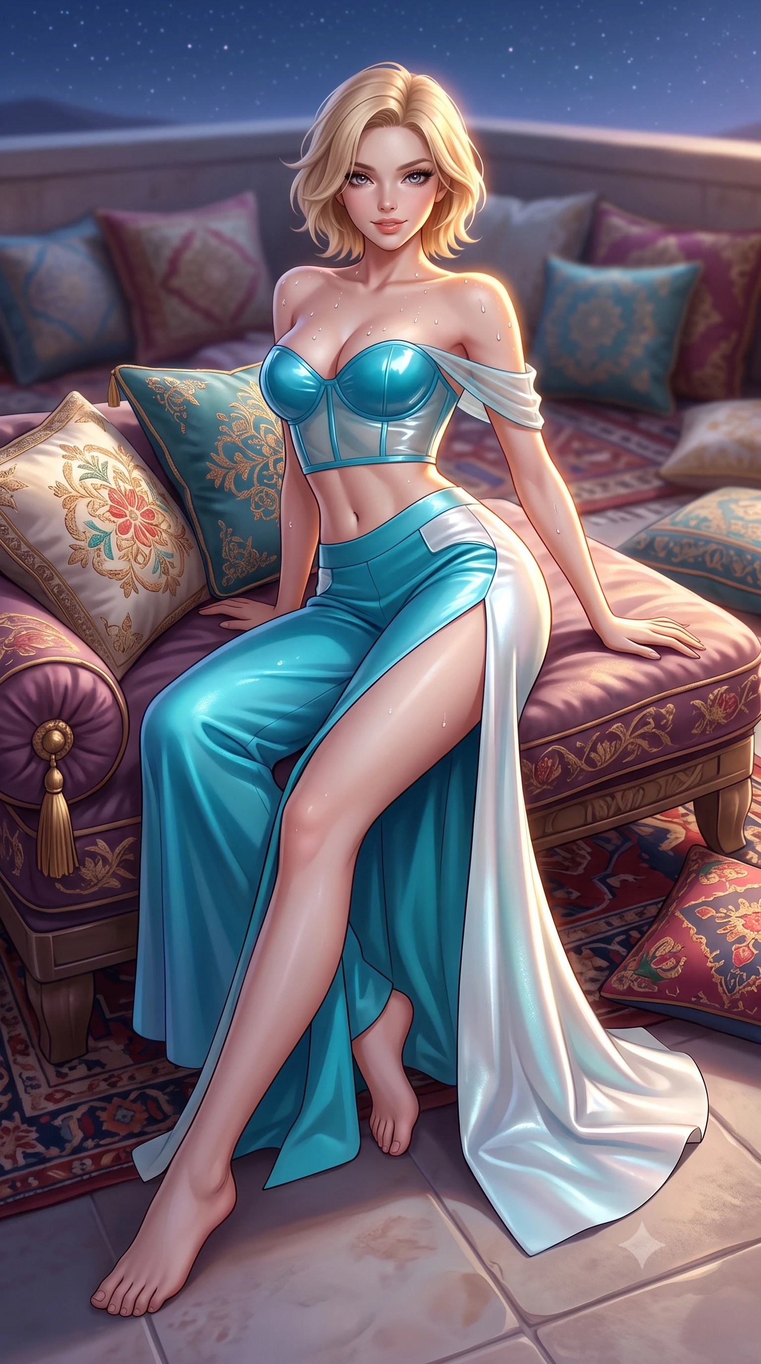 score_9, masterpiece, best quality, ultra-detailed, high-budget anime keyframe, semi-realistic 3D game render, editorial fashion photography, tasteful artistic composition, Caucasian woman. low angle full-body shot from head to toe showing her feet, filling the entire 9:16 vertical frame with her statuesque presence, stretching her vertical silhouette. reclining gracefully across the plush chaise lounge with one leg extended, her sculpted silhouette and flat midriff radiating magnetic nocturnal glamour while lounging gracefully across the oversized embroidered velvet divan on the rooftop terrace, arching her lower back to emphasize her curvy hips beneath the desert stars. The background shows a soft-focus embroidered silk pillows and kilim rugs softened in romantic Arabian Nights shallow focus. She has an absolutely perfect, statuesque 8.5-heads proportion, an exceptionally tall and slender model-like female figure with impossibly long slender legs, an ultra-slim waist, a flat toned midriff, narrow delicate ribcage, and beautifully sculpted feminine hips creating a graceful, slim hourglass silhouette without any bulky heaviness. sharp v-shaped jawline, high-bridge nose, sparkling eyes with hypnotic seductive depth, thick curled eyelashes, glossy parted lips with a natural dewy peach sheen, alluring bedroom-eyes with an enchanting coquettish smile, exuding magnetic siren charisma and sophisticated glamour, flawlessly proportioned anatomical accuracy, strict slender model proportions, natural body alignment, perfectly sculpted long slender limbs, ultra-slim waistline, clean dynamic posture without body distortion. wearing a wet-look form-fitting vinyl bustier paired with sheer chiffon high-slit wide-leg trousers in Maldives ocean cyan and shimmering pearl white, tailored from fine structural neoprene with crisp architectural edges and smooth contouring, finished with glistening drops of lagoon or spa water beading across her sculpted shoulders and collarbones, the high-slit wrap tailoring accentuating her ultra-slim waistline and the enchanting curve of her feminine hips with alluring seductive charm. illuminated by rooftop tile reflection fill and sharp flame-gold rim lights sculpting her jawline, flat midriff, and voluptuous hip curves. highly saturated vibrant anime colors, detailed shading with soft gradients, rich glossy textures, high-contrast stereoscopic depth, volumetric dynamic lighting, master piece, 9:16 ratio