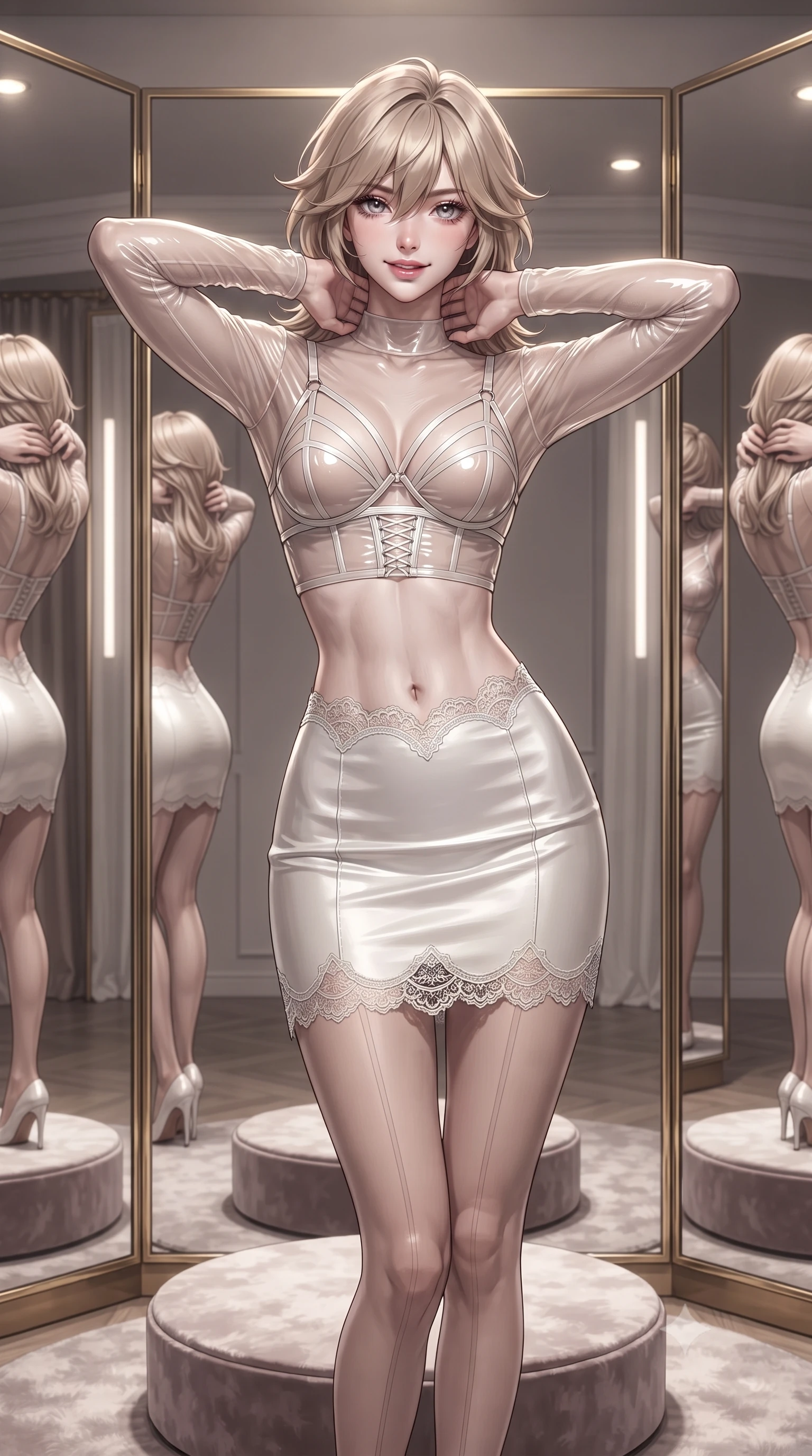 score_9, masterpiece, best quality, ultra-detailed, high-budget anime keyframe, editorial fashion photography, tasteful artistic composition, Japanese woman. close-up cowboy shot from the waist and thighs up, the character dominates the composition, filling the frame with her large presence. resting both hands lightly behind her neck with elbows raised, arching her spine to highlight her narrow waist, flat midriff, and breathtaking collarbones while standing poised on the circular velvet fitting pedestal between floor-to-ceiling trifold mirrors, arching her back with supreme haute couture grace. The surrounding environment is rendered in vivid detail and crisp panoramic clarity: detailed boned satin corset bodice lacing, sheer stocking seam lines, and luxury atelier craftsmanship in high resolution. She has an exceptionally elegant, slender, and willowy female figure with an ultra-slim waist, flat toned midriff, narrow ribcage, and sculpted feminine hips creating an alluring, slim hourglass silhouette without bulk. sharp v-shaped jawline, high-bridge nose, sparkling eyes with hypnotic seductive depth, thick curled eyelashes, glossy parted lips with a natural dewy peach sheen, alluring bedroom-eyes with an enchanting coquettish smile, exuding magnetic siren charisma and sophisticated glamour, flawlessly proportioned anatomical accuracy, strict slender model proportions, natural body alignment, perfectly sculpted long slender limbs, ultra-slim waistline, clean dynamic posture without body distortion. wearing a sheer mesh long-sleeve crop top over an opaque strappy micro-bralette and a sleek leatherette mini skirt in pure pearl alabaster with platinum sheen, crafted from wet-look high-gloss vinyl fabric with dazzling specular surface reflections, finished with scalloped eyelash lace trim framing her sweetheart neckline with intimate elegance, the form-contouring silhouette accentuating her sculpted flat midriff, narrow delicate ribcage, and gracefully curvy hips with intoxicating allure. illuminated by mirror reflection bounce and sharp platinum-gold rim lights defining her delicate clavicles, narrow waist, and curvy hips. ultra-reflective glossy finish, specular highlights, rich textural contrasts, high-contrast stereoscopic depth, volumetric dynamic lighting, 2k, ultra detail, master piece, 9:16 ratio
