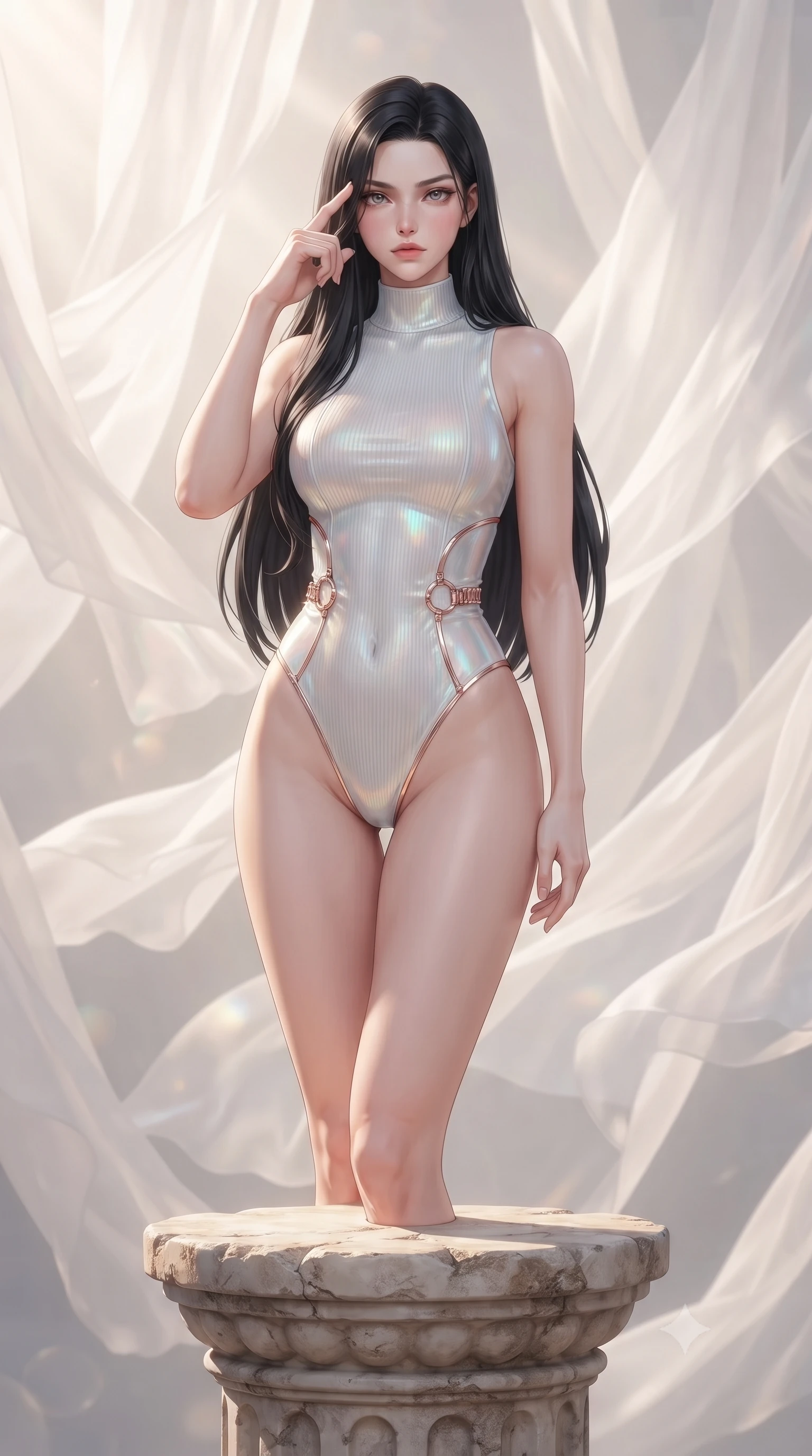 score_9, masterpiece, best quality, ultra-detailed, high-budget anime keyframe, editorial fashion photography, tasteful artistic composition, Korean woman. close-up cowboy shot from the waist and thighs up, the character dominates the composition, filling the frame with her large presence, background elements kept in soft focus. Pressing two fingers to her temple in a composed, sharp thoughtful gesture, poised on a stone pedestal surrounded by floating white chiffon drapes, soft sunlight filtering through translucent silk creating gentle skin glows. She has an exceptionally elegant, slender, and willowy female figure with an ultra-slim waist, a gracefully sculpted slender torso, and a refined silhouette. sharp v-shaped jawline, high-bridge nose, intricate jewel-like eyes with depth, thick eyelashes, glossy lips with a natural sheen. wearing sleek high-neck ribbed activewear bodysuit in pearl white in pale opal seafoam, made of iridescent hologram organza, trimmed with rose-gold ring hardware along the waist contours, highlighting her statuesque proportions and ultra-slim waistline. surrounded by a airy, radiant ambiance with natural sunburst highlights. ultra-reflective glossy finish, specular highlights, metallic sheen, high-contrast stereoscopic depth, volumetric dynamic lighting, 2k, ultra detail, master piece, 9:16 ratio