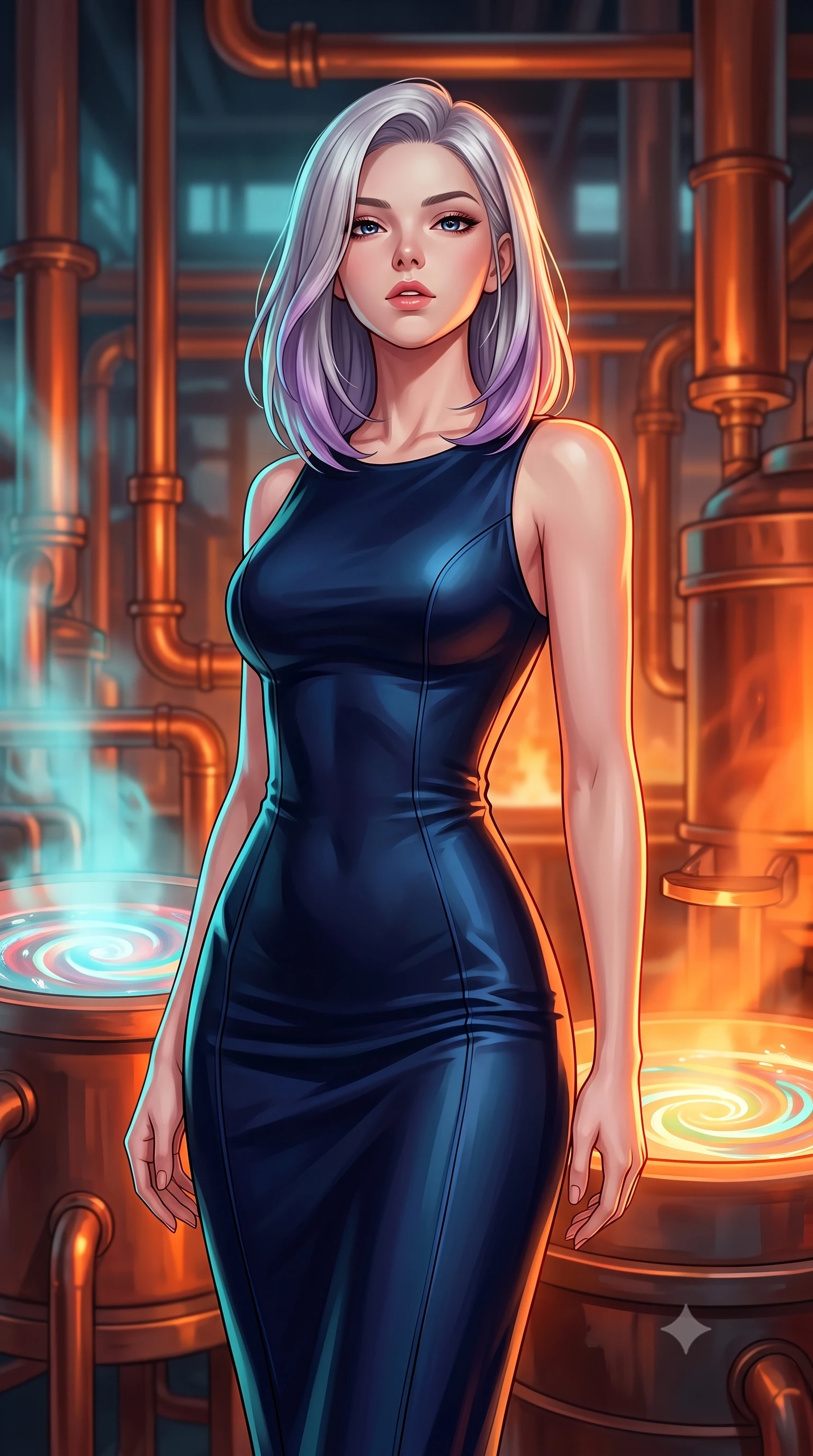 score_9, masterpiece, best quality, ultra-detailed, high-budget anime keyframe, editorial fashion photography, tasteful artistic composition, Caucasian woman woman. close-up cowboy shot from the waist and thighs up, the character dominates the composition, filling the frame with her large presence, background elements kept in soft focus. She has an exceptionally elegant, slender, and willowy female figure with an ultra-slim waist, a gracefully sculpted slender torso, and a refined silhouette. tilting her chin up slightly with lips parted in a composed and alluring expression, flawlessly proportioned anatomical accuracy, natural body alignment, perfectly sculpted elegant limbs, clean dynamic posture without body distortion. set against a soft-focus background of a copper pipe industrial foundry with liquid aurora crucibles. wearing a sleek midnight navy silk column dress with form-contouring tailored seams. bathed in intense orange furnace light clashing with cool cyan steam highlights. highly saturated vibrant anime colors, detailed shading with soft gradients, rich glossy textures, high-contrast stereoscopic depth, volumetric dynamic lighting, master piece, 9:16 ratio