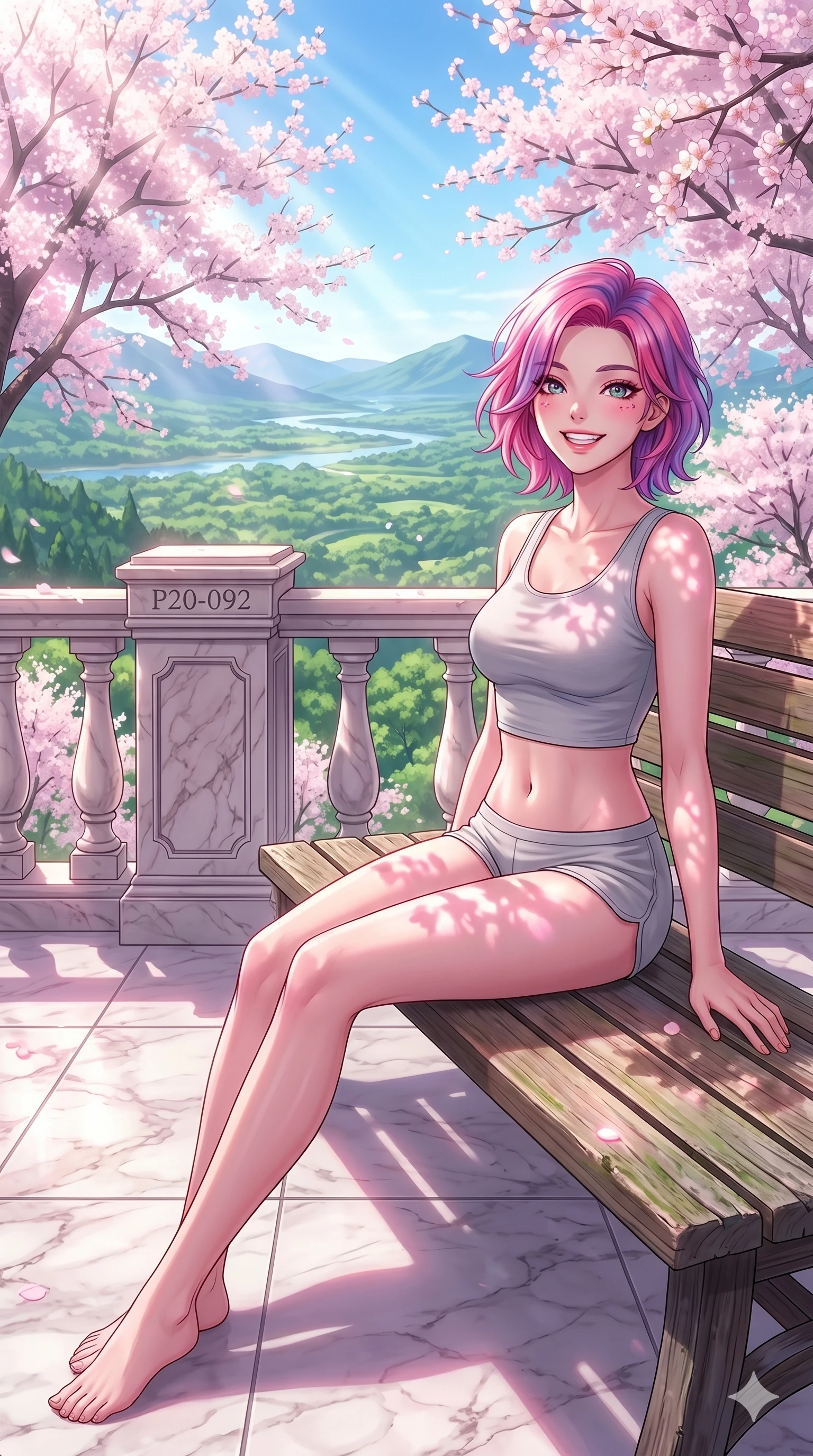 score_9, masterpiece, best quality, ultra-detailed, high-budget anime keyframe, vibrant anime aesthetic, Caucasian woman, strictly human ears. cowboy shot from the thighs up, character and outfit filling the frame for maximum presence. She is sitting on a wooden bench, smiling cheerfully while enjoying the spring sun on a marble balcony overlooking a green valley (Code-P20-092). She has an absolutely perfect 8-heads proportion, an exceptionally tall and slender female figure with impossibly long slender legs and an ultra-slim waist. V-shaped jawline, high-bridge nose, intricate jewel-like eyes with depth, thick eyelashes, glossy lips with a natural sheen. wearing a tight crop top showing bare midriff and micro-shorts in cotton. She is drenched in soft sunbeams filtering through cherry blossoms, casting a pinkish glow. 2k, ultra detail, master piece, 9:16 ratio