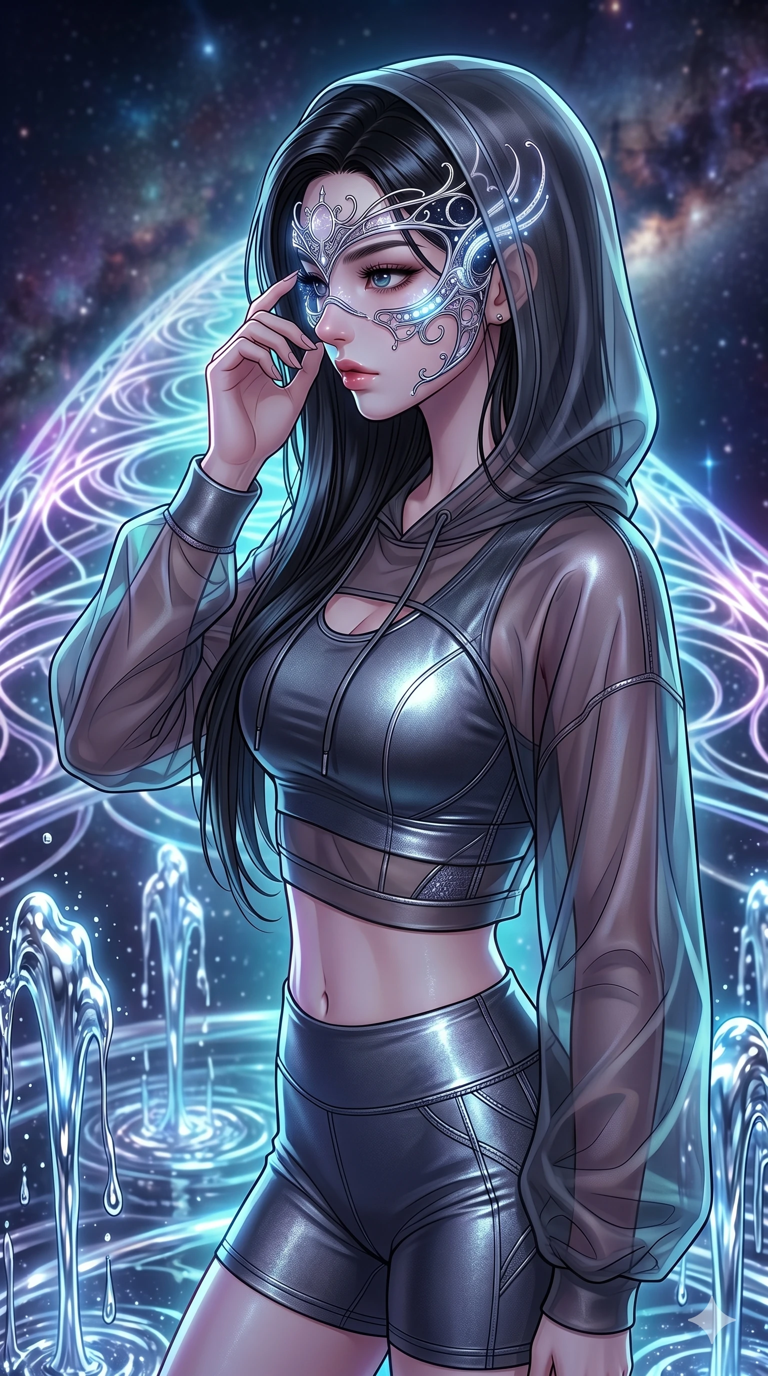 score_9, masterpiece, best quality, ultra-detailed, high-budget anime movie keyframe, cinematic anime lighting, intricate line art, Korean woman. Medium shot of upper body capturing the intricate details of her high-fashion attire. adjusting a glowing mask in a celestial bridge made of light with liquid mercury fountains. She has an absolutely perfect 8-heads proportion, an exceptionally tall and slender female figure with an ultra-slim waist and impossibly long slender legs. sharp v-shaped jawline, high-bridge nose, intricate jewel-like eyes, thick eyelashes, glossy lips. Wearing premium athleisure set with a metallic-finish compression top, high-cut yoga shorts that accentuate her long legs, and a sheer oversized hoodie. The scene is illuminated by dramatic atmospheric lighting and vibrant color palettes. , 2k, ultra detail, master piece, 9:16 ratio