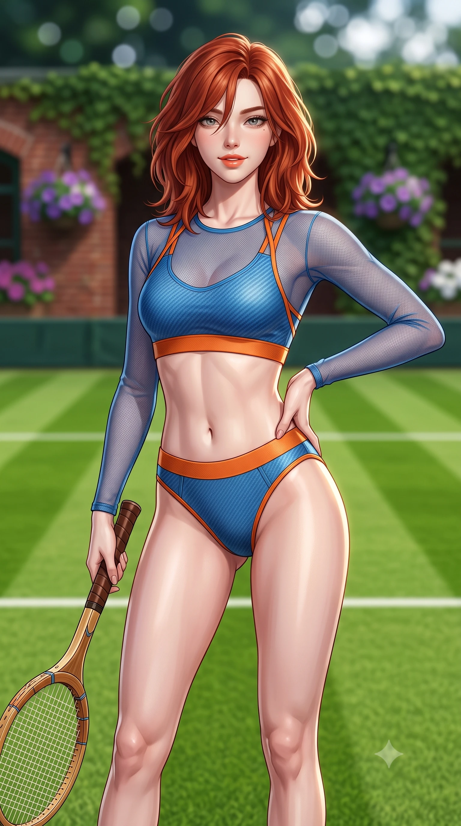 score_9, masterpiece, best quality, ultra-detailed, high-budget anime keyframe, semi-realistic 3D game render, editorial fashion photography, tasteful artistic composition, Korean woman. close-up cowboy shot from the waist and thighs up, the character dominates the composition, filling the frame with her large presence. twisting her slender torso in an alluring contrapposto stance, one hand resting on her sculpted hip while holding a tennis racket with effortless poise while standing in the center of the manicured pristine grass court with a vintage wooden racket in hand, arching her back with timeless aristocratic poise. The background shows a soft-focus striped emerald green lawn tennis courts, ivy-covered clubhouse brick walls, and purple petunia planters blurred into emerald, plum, and cloud-white bokeh. She has an exceptionally elegant, slender, and willowy female figure with an ultra-slim waist, flat toned midriff, narrow ribcage, and sculpted feminine hips creating an alluring, slim hourglass silhouette without bulk. sharp v-shaped jawline, high-bridge nose, sparkling eyes with athletic focus and depth, thick curled eyelashes, glossy parted lips with a natural coral-peach sheen, bright confident and coquettish smile with alluring bedroom-eyes, exuding both youthful sporty vigor and sovereign high-society glamour, flawlessly proportioned anatomical accuracy, strict slender model proportions, natural body alignment, perfectly sculpted long slender limbs, ultra-slim waistline, clean dynamic posture without body distortion. wearing a sheer athletic mesh long-sleeve crop top layered over an opaque racing bralette and high-cut tennis briefs in vintage Porsche Gulf blue and vibrant race orange, tailored from lightweight aerodynamic carbon-fiber composite with structured weave, finished with criss-cross back athletic straps highlighting her graceful shoulder blades, the form-contouring athletic cut accentuating her sculpted flat midriff, narrow delicate ribcage, and gracefully curvy hips with supermodel precision. illuminated by emerald grass bounce fill and crisp white-gold rim lighting defining her sculpted collarbones, ultra-slim waist, and curvy hips. highly saturated vibrant anime colors, detailed shading with soft gradients, rich glossy textures, high-contrast stereoscopic depth, volumetric dynamic lighting, master piece, 9:16 ratio