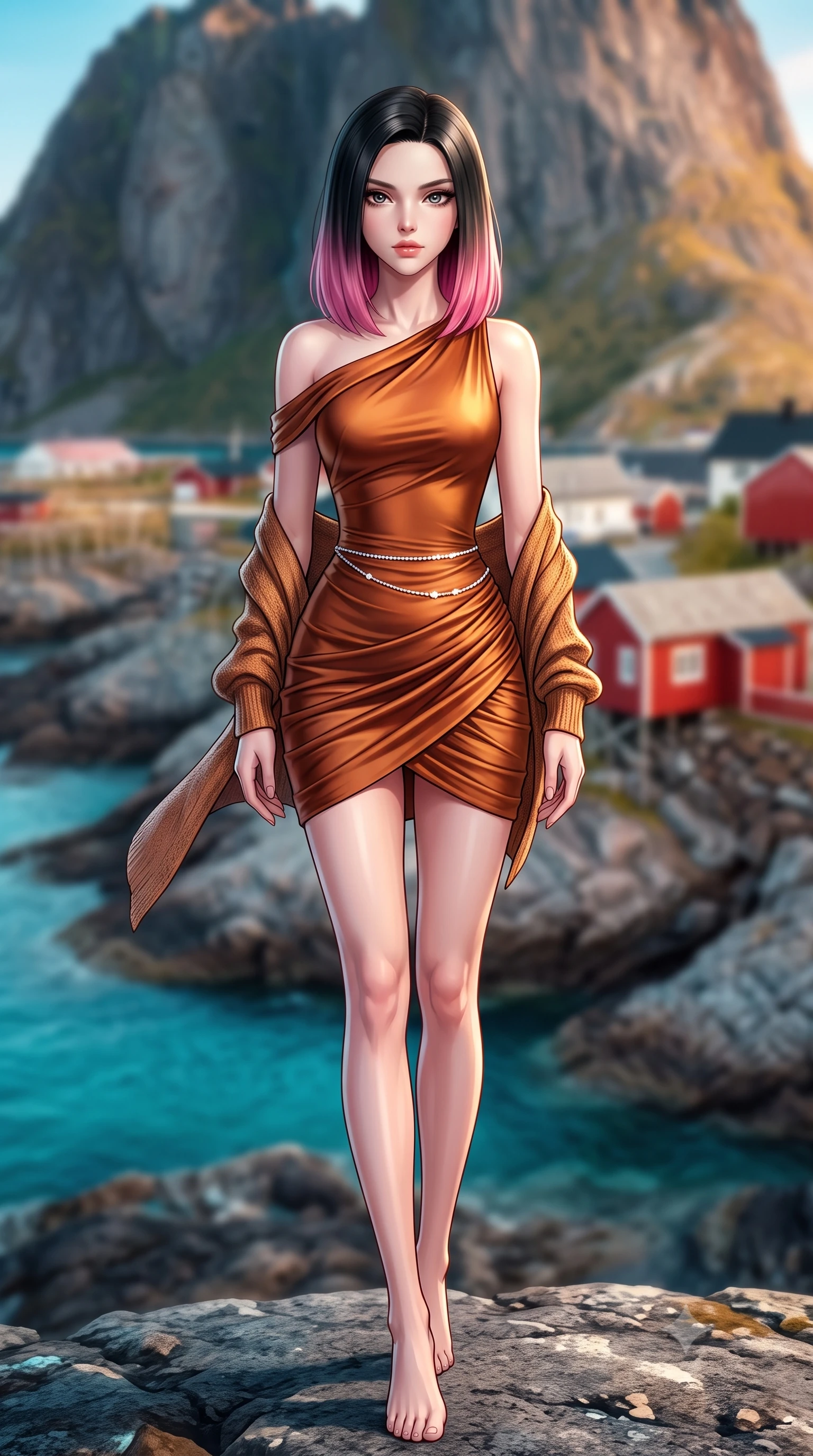 score_9, masterpiece, best quality, ultra-detailed, high-budget anime keyframe, semi-realistic 3D game render, editorial fashion photography, tasteful artistic composition, Korean woman. low angle full-body shot from head to toe showing her feet, filling the entire 9:16 vertical frame with her statuesque presence, stretching her vertical silhouette. striding forward in a proud supermodel runway stride, hips swaying in an alluring kinetic rhythm that accentuates her curvy hourglass silhouette while turning in an alluring contrapposto stance as cool Arctic winds whip her knit shawl, gazing out over the labyrinth of granite islands and turquoise waters. The composition keeps background elements in soft focus with creamy bokeh. jagged granite peaks rising from turquoise Arctic fjords and red wooden fishing cabins blurred into golden rose, cyan, and deep slate bokeh. She has an exceptionally tall and slender model-like 8.5-heads proportion, an ultra-slim waist, a flat toned midriff, narrow delicate ribcage, and beautifully sculpted feminine hips creating a graceful, slim hourglass silhouette without any bulky heaviness, with impossibly long slender legs. sharp v-shaped jawline, high-bridge nose, intricate jewel-like eyes with depth, thick eyelashes, glossy parted lips with a natural sheen, intensely captivating and seductive bedroom-eyes expression, flawlessly proportioned anatomical accuracy, strict slender model proportions, natural body alignment, perfectly sculpted long slender limbs, ultra-slim waistline, clean dynamic posture without body distortion. wearing a form-contouring cocktail dress with an asymmetrical open shoulder and hip-defining ruching in rich copper bronze and warm amber, tailored from liquid silk jersey adhering flawlessly to her slender build, accented with a dainty diamond waist chain catching the ambient light reflections, the liquid-tight tailored fabric clinging flawlessly to her narrow waist and rounded feminine hips, emphasizing every millimeter of her sculpted slim hourglass curves without any bulky heaviness. illuminated by cool fjord water ambient fill contouring her razor-sharp jawline, narrow waist, and curvy hips. highly saturated vibrant anime colors, detailed shading with soft gradients, rich glossy textures, high-contrast stereoscopic depth, volumetric dynamic lighting, master piece, 9:16 ratio