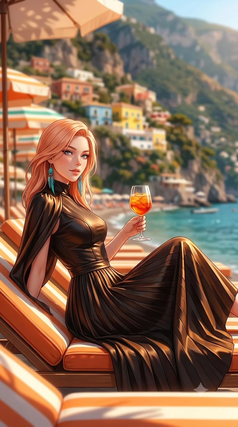 score_9, masterpiece, best quality, ultra-detailed, high-budget anime keyframe, semi-realistic 3D game render, editorial fashion photography, tasteful artistic composition, Japanese woman. close-up cowboy shot from the waist and thighs up, the character dominates the composition, filling the frame with her large presence. perched sideways on the lounge seat, one knee drawn up to showcase her slender leg line while her arched back accentuates her feminine hip curve while reclining on an orange-and-white striped sun lounger propped on one elbow, holding an Aperol spritz with sovereign high-society charm and bedroom-eyes. The background shows a soft-focus the dramatic vertical cliff of colorful Positano villas, stacked parasols, and turquoise sea blurred into terracotta, lemon, and azure bokeh. She has an exceptionally elegant, slender, and willowy female figure with an ultra-slim waist, flat toned midriff, narrow ribcage, and sculpted feminine hips creating an alluring, slim hourglass silhouette without bulk. sharp v-shaped jawline, high-bridge nose, sparkling eyes with hypnotic seductive depth, thick curled eyelashes, glossy parted lips with a natural dewy peach sheen, alluring bedroom-eyes with an enchanting coquettish smile, exuding magnetic siren charisma and sophisticated glamour, flawlessly proportioned anatomical accuracy, strict slender model proportions, natural body alignment, perfectly sculpted long slender limbs, ultra-slim waistline, clean dynamic posture without body distortion. wearing a bespoke Mediterranean tailored cape-sleeve evening gown with high collar and fluid pleated skirt in dark espresso leather and warm amber highlights, tailored from second-skin technical compression neoprene with athletic curve-sculpting stretch, accented with turquoise and silver bohemian feather earrings swaying near her bare neck, the bespoke structured tailoring following the natural line of her 8.5-heads silhouette with refined elegance. illuminated by parasol shadow gradients and sharp golden-peach rim lights defining her razor-sharp jawline, narrow waist, and curvy hips. highly saturated vibrant anime colors, detailed shading with soft gradients, rich glossy textures, high-contrast stereoscopic depth, volumetric dynamic lighting, master piece, 9:16 ratio