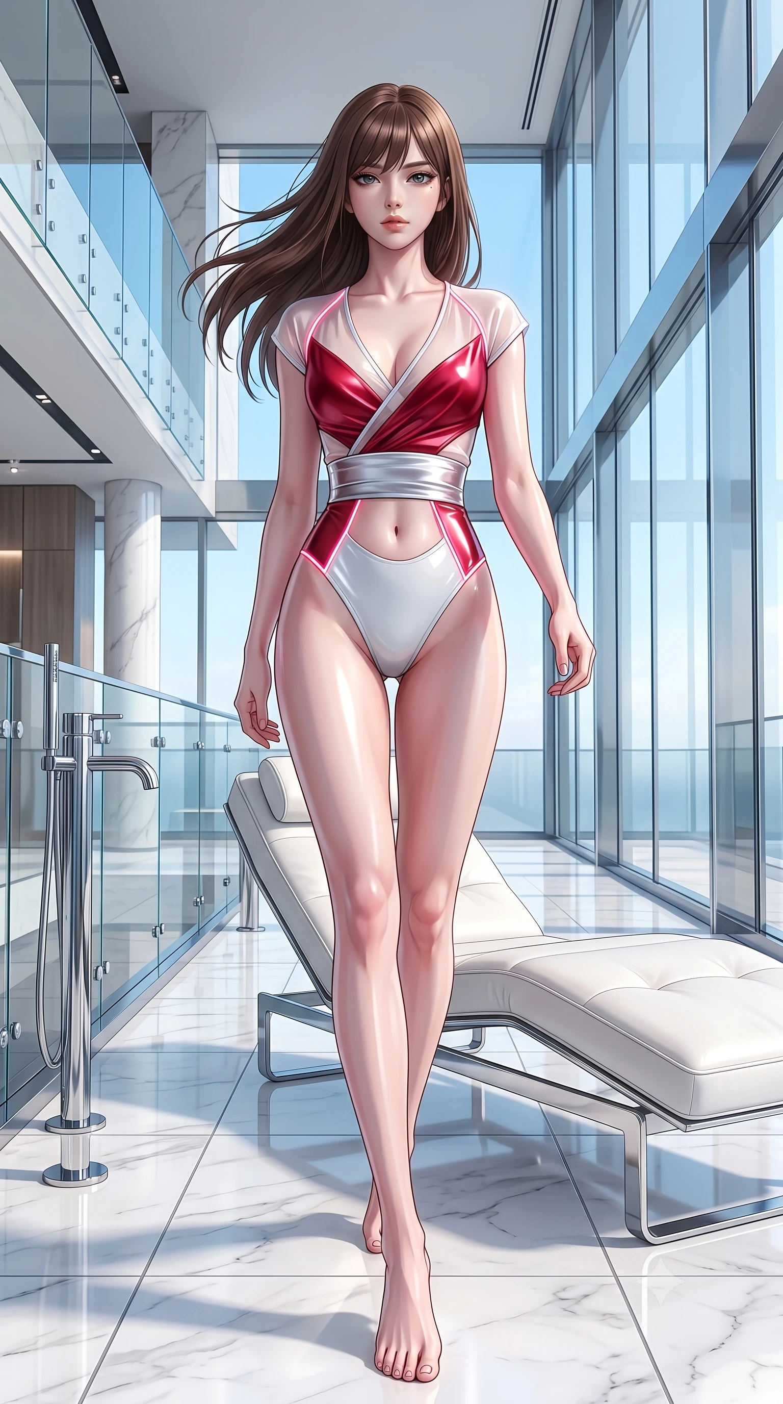 score_9, masterpiece, best quality, ultra-detailed, high-budget anime keyframe, semi-realistic 3D game render, editorial fashion photography, tasteful artistic composition, Korean woman. low angle full-body shot from head to toe showing her feet, filling the entire 9:16 vertical frame with her statuesque presence, stretching her vertical silhouette. striding forward in a proud, statuesque motion with a dangerous smolder, her vertical silhouette dominating the frame from head to toe while stretching her long slender legs along a low white leather lounger as natural daylight floods the interior. The surrounding environment is rendered in vivid detail and crisp panoramic clarity. crisp architectural white marble seams, polished chrome fixtures, and crystal glass railings in deep focus. She has an absolutely perfect, statuesque 8.5-heads proportion, an exceptionally tall and slender model-like female figure with impossibly long slender legs, a toned flat midriff, and an ultra-slim waist. sharp v-shaped jawline, high-bridge nose, intricate jewel-like eyes with depth, thick eyelashes, glossy lips with a natural sheen, flawlessly proportioned anatomical accuracy, strict slender model proportions, natural body alignment, perfectly sculpted long slender limbs, ultra-slim waistline, clean dynamic posture without body distortion. wearing a shortened cyber-fusion wrap top with transparent chiffon panels, a deep crossover neckline, and a high-waisted metallic sash that accentuates her ultra-slim waist in radiant crimson silk and crisp snow white, crafted from ultra-reflective second-skin latex with a high-gloss glass-like polish, accented with glowing fiber-optic seams tracing her collarbones and hip curves, the precision-cut daring openings accentuating her delicate midriff, graceful bare collarbones, and ultra-slim feminine waistline. bathed in bright, clean high-key natural sunlight flooding through panoramic glass walls. highly saturated vibrant anime colors, detailed shading with soft gradients, rich glossy textures, high-contrast stereoscopic depth, volumetric dynamic lighting, master piece, 9:16 ratio