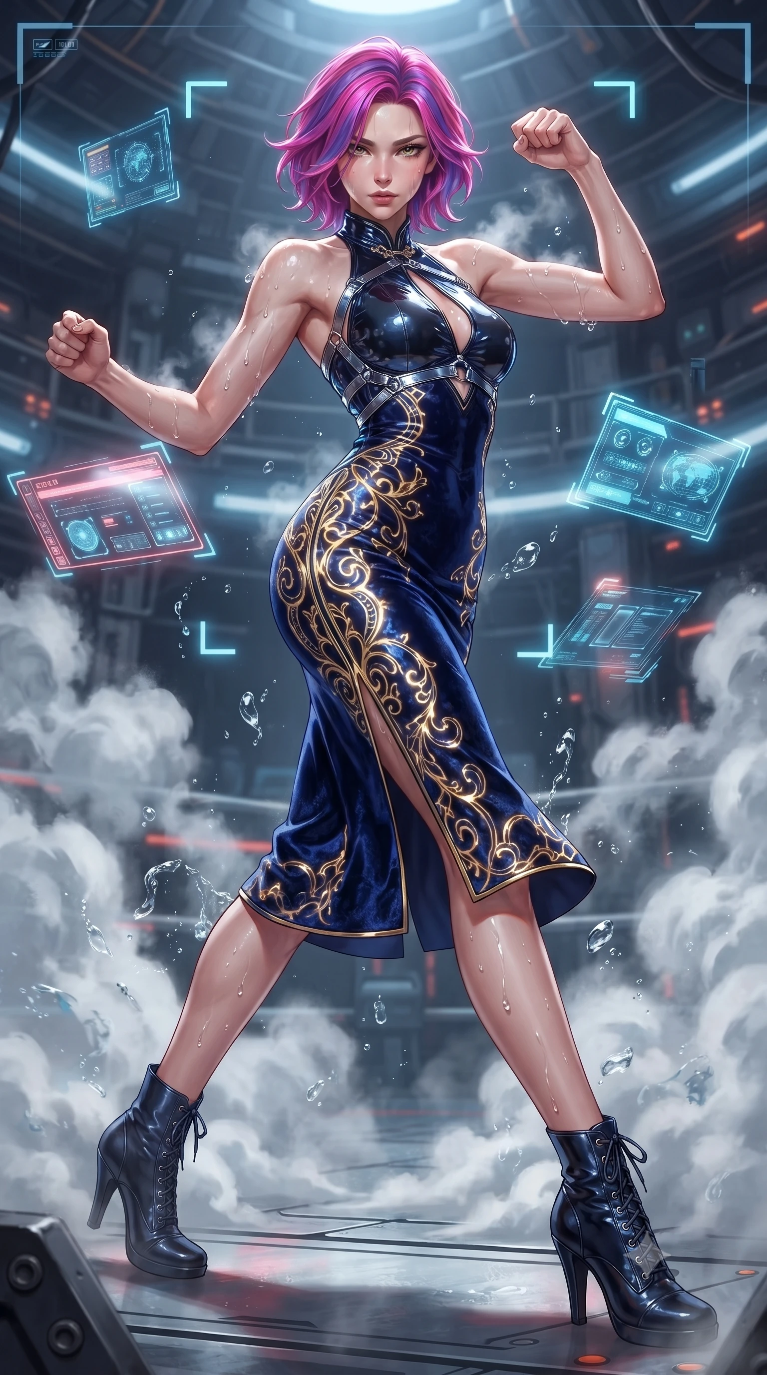 score_9, masterpiece, best quality, ultra-detailed, high-budget anime keyframe, editorial fashion photography, tasteful artistic composition, Caucasian woman. low angle full-body shot from head to toe showing her feet, filling the entire 9:16 vertical frame with her statuesque presence, stretching her vertical silhouette. striding forward in a proud, statuesque motion with a dangerous smolder, her vertical silhouette dominating the frame from head to toe while twisting her body in a powerful athletic stance amidst swirling steam clouds and holographic fight brackets. The surrounding environment is rendered in vivid detail and crisp panoramic clarity. crisp water and sweat droplet beads, glowing holographic display elements, and heavy bolt details in high clarity. She has an absolutely perfect, statuesque 8.5-heads proportion, an exceptionally tall and slender model-like female figure with impossibly long slender legs and an ultra-slim waist. sharp v-shaped jawline, high-bridge nose, intricate jewel-like eyes with depth, thick eyelashes, glossy lips with a natural sheen, flawlessly proportioned anatomical accuracy, natural body alignment, perfectly sculpted elegant limbs, clean dynamic posture without body distortion. wearing a velvet halter-neck midi dress fitting her statuesque contour flawlessly with a Tasteful chest slit and open spine in midnight sapphire blue and glowing gold filaments, formed from high-gloss patent material with specular light reflections, reinforced by a sleek metallic chrome harness and delicate glowing micro-straps, the liquid-tight fabric adhering flawlessly to her sculpted torso and slender silhouette. surrounded by a fierce, electrifying, and dangerously provocative sensual combat aura. ultra-reflective glossy finish, specular highlights, metallic sheen, high-contrast stereoscopic depth, volumetric dynamic lighting, 2k, ultra detail, master piece, 9:16 ratio