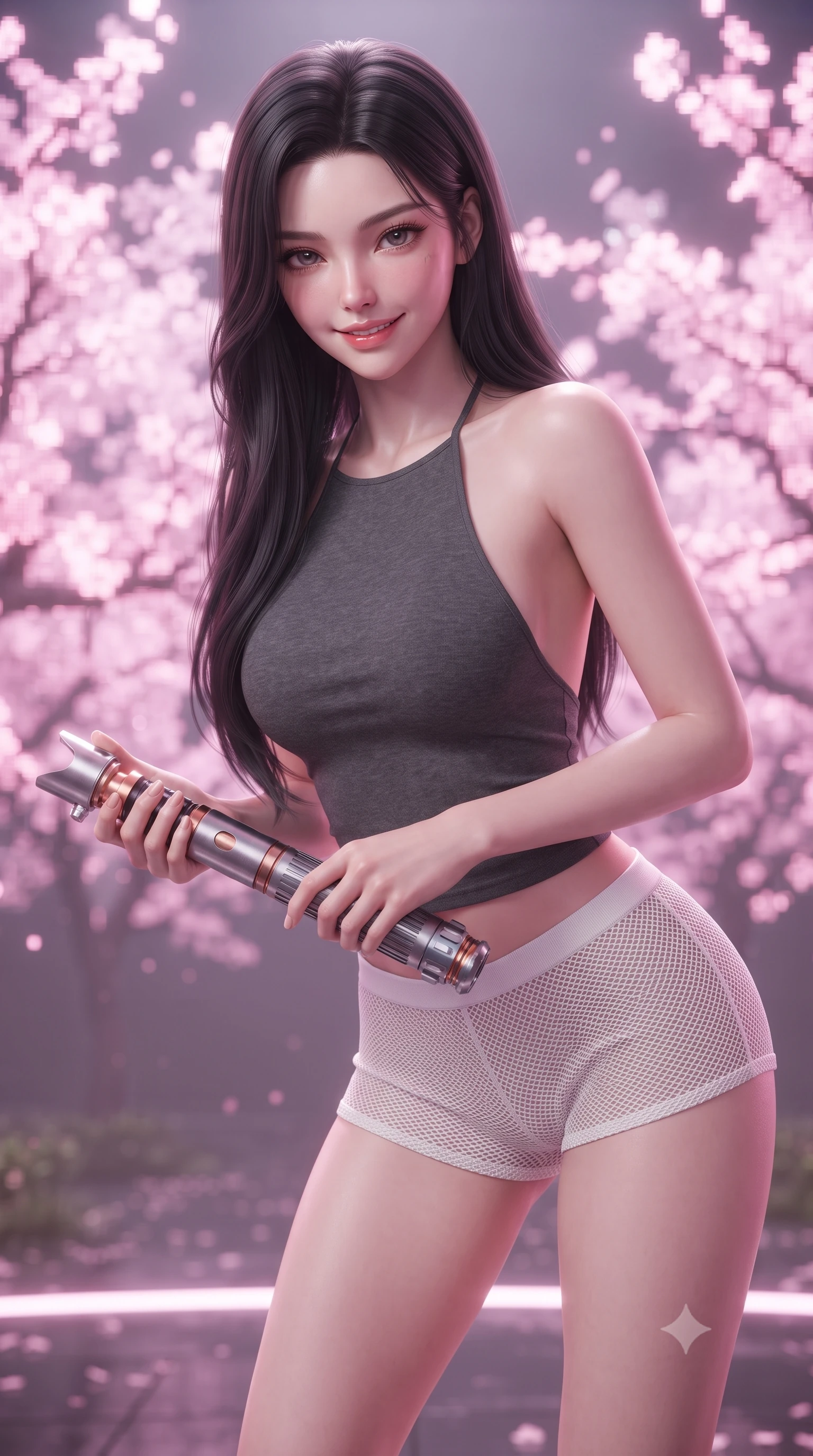 score_9, masterpiece, best quality, ultra-detailed, high-budget anime keyframe, editorial fashion photography, tasteful artistic composition, Korean woman. close-up cowboy shot from the waist and thighs up, the character dominates the composition, filling the frame with her large presence, background elements kept in soft focus. leaning slightly forward with a playful, teasing smile while holding a deactivated plasma saber hilt, the background shows a soft-focus a holographic arena with virtual cherry blossom trees made of glowing pink pixels. She has an exceptionally elegant, slender, and willowy female figure with an ultra-slim waist, a gracefully sculpted slender torso, and a refined silhouette. sharp v-shaped jawline, high-bridge nose, intricate jewel-like eyes with depth, thick eyelashes, glossy lips with a natural sheen. wearing a slim-fit backless combat halter top in charcoal grey, paired with white carbon-mesh micro-shorts. soft pink digital light diffusing through the room, creating a dreamy wash. ultra-reflective glossy finish, specular highlights, metallic sheen, high-contrast stereoscopic depth, volumetric dynamic lighting, 2k, ultra detail, master piece, 9:16 ratio