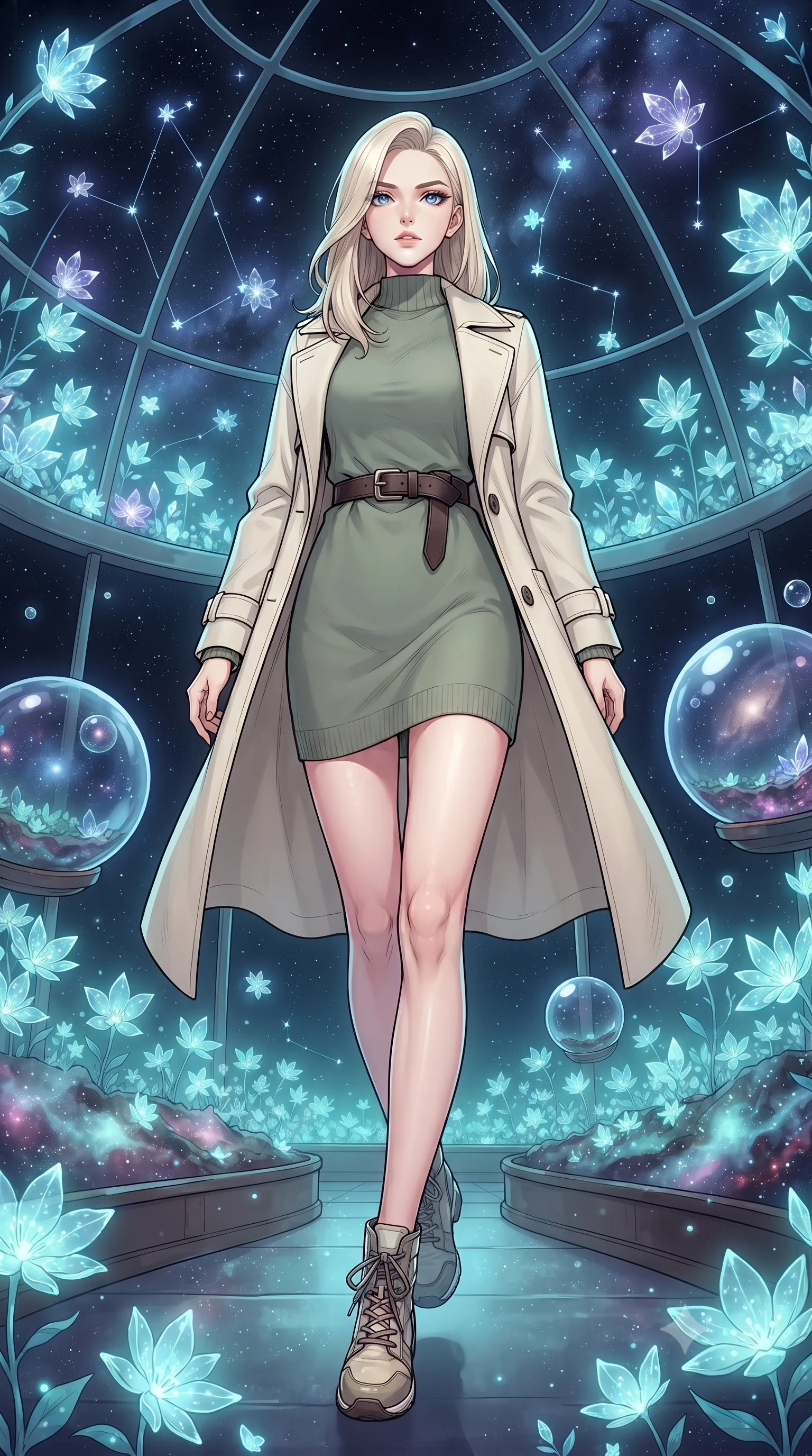 score_9, masterpiece, best quality, ultra-detailed, high-budget anime keyframe, gorgeous anime illustration, with clean line-art and distinct ink outlines, Caucasian woman, strictly human ears. low angle full-body shot from head to toe showing her feet, filling the entire 9:16 vertical frame with her statuesque presence, stretching her vertical silhouette. stepping elegantly through inside a botanical dome floating in deep space where constellations grow as luminescent crystal flowers, glowing nebula dust acting as soil, and floating water spheres reflecting distant supernovas. She has a statuesque 8.5-heads proportion, an exceptionally tall, slender and willowy model-like build with impossibly long legs and a highly sculpted ultra-slim waist. sharp v-shaped jawline, high-bridge nose, intricate jewel-like eyes with depth, thick eyelashes, glossy lips with a natural sheen. wearing a modern cream trench coat layered over a sage green mock-neck cashmere dress, cinched with a dark leather belt. soft aqua bioluminescent light making her skin luminously glow against darkness. 2k, ultra detail, master piece, 9:16 ratio, vibrant anime color palette, detailed cel-shading with soft gradients, rich contrast, dynamic lighting, 2d animation style