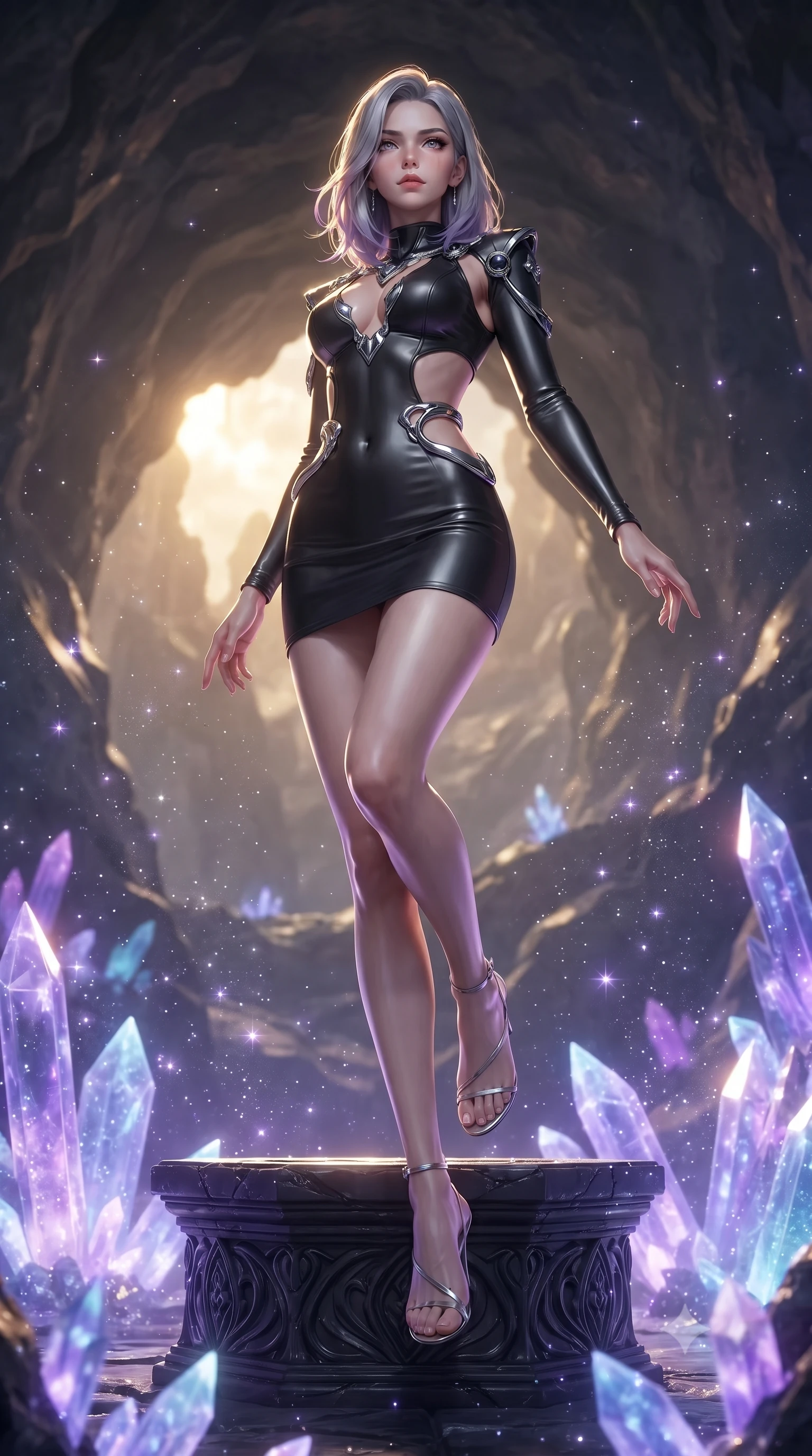 score_9, masterpiece, best quality, ultra-detailed, high-budget anime keyframe, editorial fashion photography, tasteful artistic composition, Caucasian woman. low angle full-body shot from head to toe showing her feet, filling the entire 9:16 vertical frame with her statuesque presence, stretching her vertical silhouette. leaping gracefully through the environment with statuesque elegance and long slender legs resting on a carved obsidian altar surrounded by radiant crystal shards, glowing mineral dust shimmering like stars in the quiet cavern air. She has an absolutely perfect, statuesque 8.5-heads proportion, an exceptionally tall and slender model-like female figure with impossibly long slender legs and an ultra-slim waist. sharp v-shaped jawline, high-bridge nose, intricate jewel-like eyes with depth, thick eyelashes, glossy lips with a natural sheen. wearing a dramatic open-waist cutout mini dress in matte black framed by sculptural chrome hardware, the glove-like fit emphasizing her statuesque silhouette. lit by warm golden sunlight colliding with cool violet crystal illumination. ultra-reflective glossy finish, specular highlights, metallic sheen, high-contrast stereoscopic depth, volumetric dynamic lighting, 2k, ultra detail, master piece, 9:16 ratio