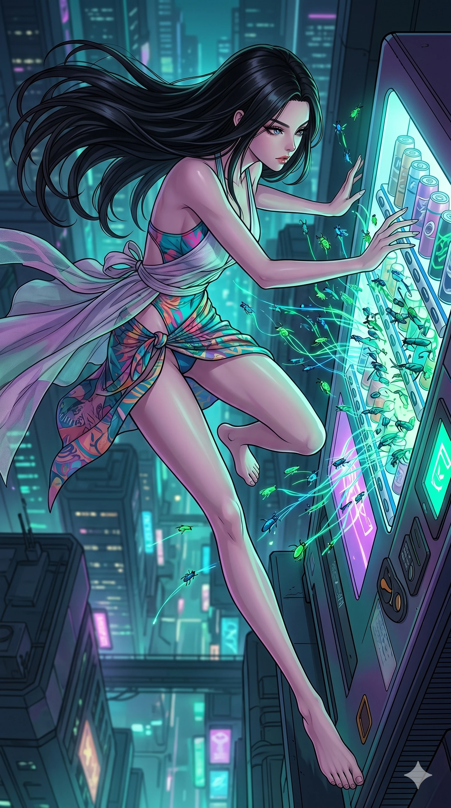 score_9, masterpiece, best quality, ultra-detailed, high-budget anime movie keyframe, cinematic anime lighting, intricate line art, Japanese anime girl. Extreme high angle shot as she leaps towards the camera, filling the frame. hacking a vending machine to release a swarm of hacking-bugs. She has an absolutely perfect 8-heads proportion, an exceptionally tall and slender female figure with an ultra-slim waist and impossibly long slender legs. strictly human anatomy, two legs only, no extra limbs, clearly defined legs and arms, perfect anatomy, perfect hands and fingers. sharp v-shaped jawline, high-bridge nose, intricate jewel-like eyes, thick eyelashes, glossy lips. Wearing Seasonal/Resort: High-cut one-piece with sarong, linen sundress with tie-back, and sheer fabric wrap. The scene is illuminated by dramatic atmospheric lighting and vibrant color palettes. , 2k, ultra detail, master piece, 9:16 ratio