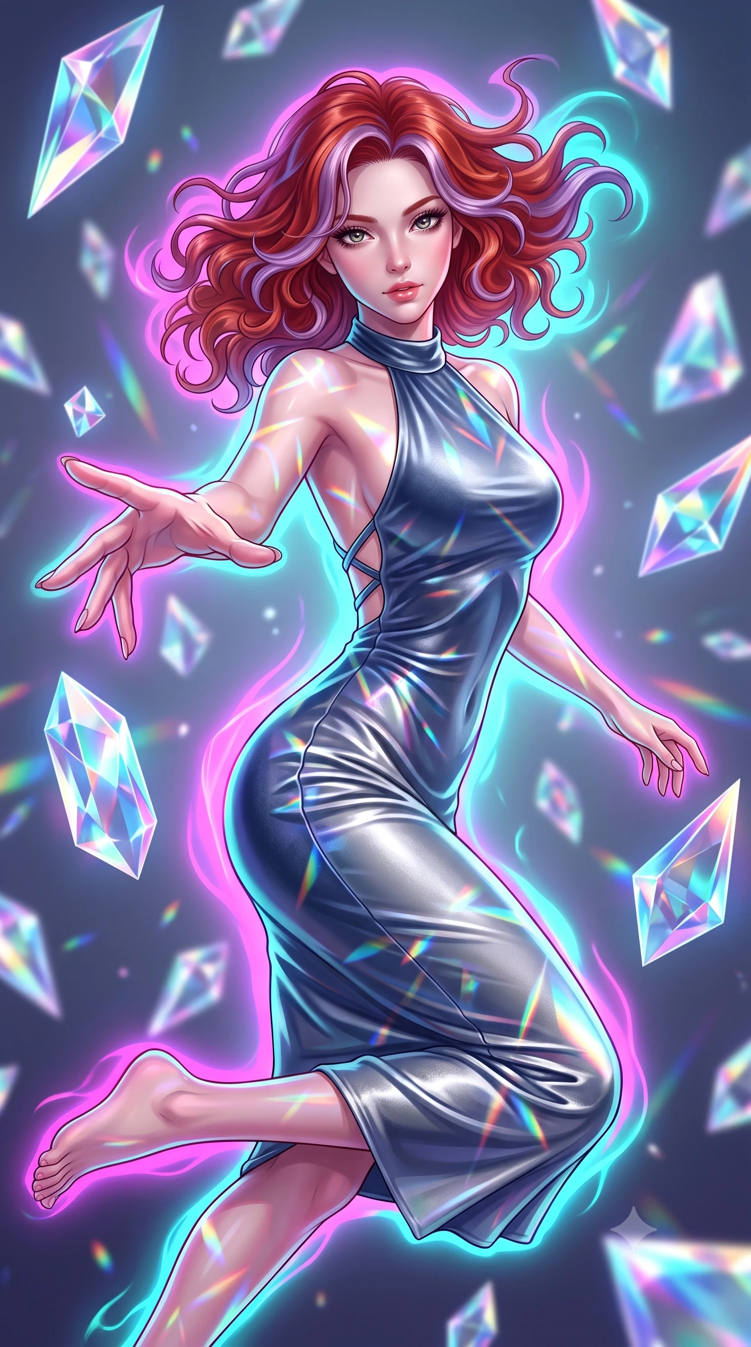 score_9, masterpiece, best quality, ultra-detailed, high-budget anime keyframe, editorial fashion photography, tasteful artistic composition, Caucasian woman. close-up cowboy shot from the waist and thighs up, the character dominates the composition, filling the frame with her large presence, background elements kept in soft focus. Reaching her hand gracefully toward the camera with magnetic allure, her torso turning in a dynamic S-curve alignment while leaping gracefully through mid-air inside a zero-gravity void filled with floating crystal prisms, a kaleidoscope of refractions forming geometric laser patterns across her form. She has an exceptionally elegant, slender, and willowy female figure with an ultra-slim waist, a gracefully sculpted slender torso, and a refined silhouette. sharp v-shaped jawline, high-bridge nose, intricate jewel-like eyes with depth, thick eyelashes, glossy lips with a natural sheen, flawlessly proportioned anatomical accuracy, natural body alignment, perfectly sculpted elegant limbs, clean dynamic posture without body distortion. wearing a velvet halter-neck midi dress following her form like a glove in slate blue and metallic silver, crafted from smooth liquid silk, complemented by criss-cross back straps highlighting her bare shoulders, the form-contouring material highlighting her ultra-slim waist and long lines. surrounded by a radiant aura of neon magenta and turquoise fluid highlights. highly saturated vibrant anime colors, detailed shading with soft gradients, rich glossy textures, high-contrast stereoscopic depth, volumetric dynamic lighting, master piece, 9:16 ratio
