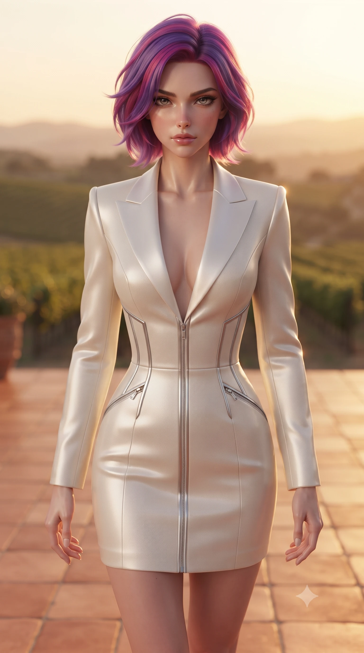 score_9, masterpiece, best quality, ultra-detailed, high-budget anime keyframe, editorial fashion photography, tasteful artistic composition, Caucasian woman. close-up cowboy shot from the waist and thighs up, the character dominates the composition, filling the frame with her large presence, background elements kept in soft focus. Casting a slow, direct gaze beneath heavy lashes with quiet intensity, walking across a warm terracotta tile floor drenched in warm evening sun, rolling vineyard hills fading into a warm hazy sunset horizon in soft focus. She has an exceptionally elegant, slender, and willowy female figure with an ultra-slim waist, a gracefully sculpted slender torso, and a refined silhouette. sharp v-shaped jawline, high-bridge nose, intricate jewel-like eyes with depth, thick eyelashes, glossy lips with a natural sheen. wearing tailored ivory tux dress with satin lapels and fitted waist in pearl white, made of matte carbon-fiber weave, finished with metallic silver boning and sleek zipper points, sculpting her athletic slender build with refined precision. surrounded by a radiant sunset ambiance with bright golden rim lights. ultra-reflective glossy finish, specular highlights, metallic sheen, high-contrast stereoscopic depth, volumetric dynamic lighting, 2k, ultra detail, master piece, 9:16 ratio