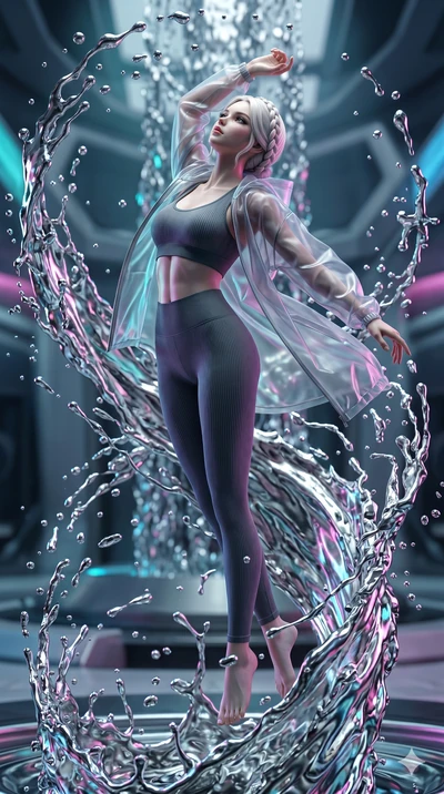 score_9, masterpiece, best quality, ultra-detailed, photorealistic 8k CG, hyper-detailed textures, ray-tracing, Korean woman. Mid-air action shot capturing a graceful twist and vertical silhouette. spinning in a fountain of liquid silver, droplets su