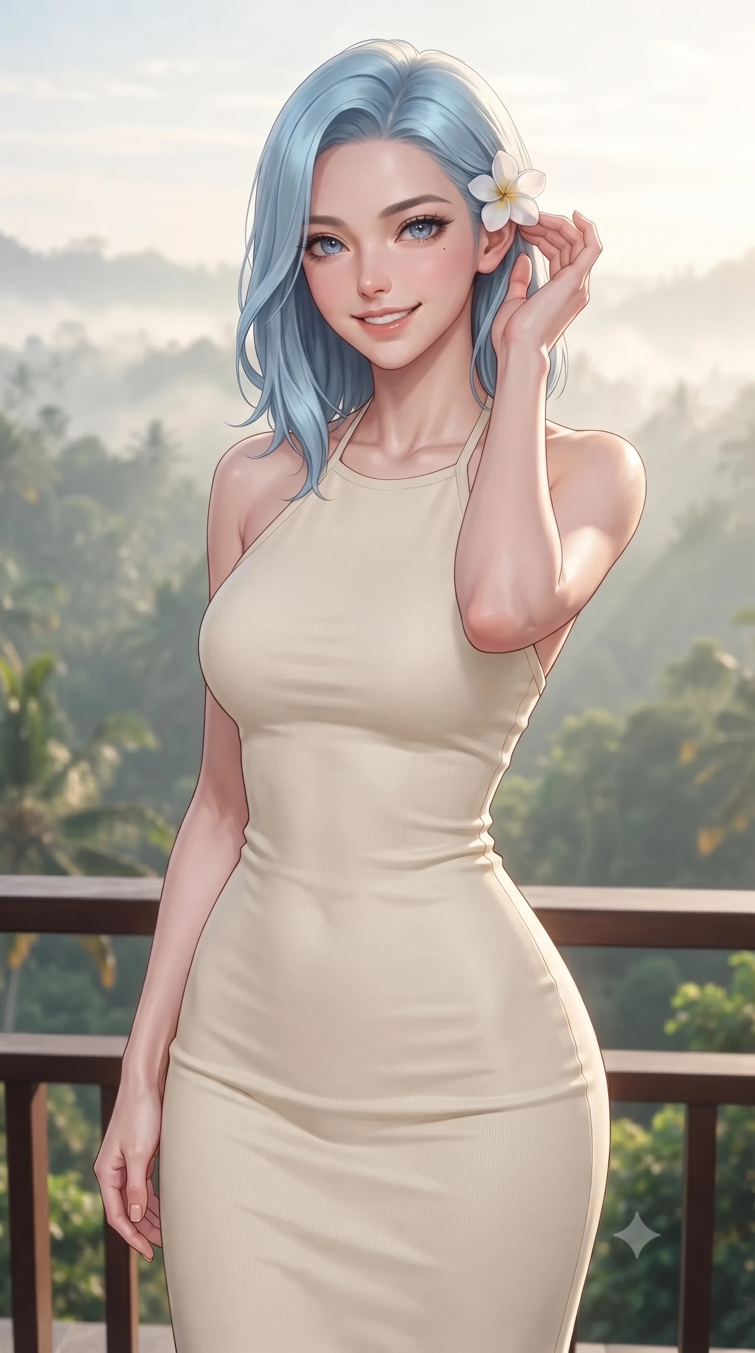 score_9, masterpiece, best quality, ultra-detailed, high-budget anime keyframe, editorial fashion photography, tasteful artistic composition, Korean woman. close-up cowboy shot from the waist and thighs up, the character dominates the composition, filling the frame with her large presence, background elements kept in soft focus. smiling cutely while gently brushing a strand of hair behind her ear set against a soft-focus background of on a scenic resort balcony overlooking a misty valley of tropical forest holding a delicate white flower behind her ear with a lovely, cheerful look. She has an exceptionally elegant, slender, and willowy female figure with an ultra-slim waist, a gracefully sculpted slender torso, and a refined silhouette. sharp v-shaped jawline, high-bridge nose, intricate jewel-like eyes with depth, thick eyelashes, glossy lips with a natural sheen. wearing tailored sleek, tight-fitting knit halter dress in cream, tracing her slender silhouette. soft morning mist diffusing the warm sunlight, creating a peaceful wash. ultra-reflective glossy finish, specular highlights, metallic sheen, high-contrast stereoscopic depth, volumetric dynamic lighting, 2k, ultra detail, master piece, 9:16 ratio