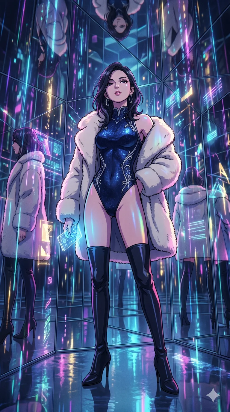 score_9, masterpiece, best quality, ultra-detailed, high-budget anime movie keyframe, cinematic anime lighting, intricate line art, Japanese woman. Dynamic full-body shot stretching the vertical silhouette across the 9:16 frame. standing victoriously in a infinite mirror maze with holographic rain. She has an absolutely perfect 8-heads proportion, an exceptionally tall and slender female figure with an ultra-slim waist and impossibly long slender legs. sharp v-shaped jawline, high-bridge nose, intricate jewel-like eyes, thick eyelashes, glossy lips. Wearing seasonal winter-couture featuring a plush oversized faux-fur coat worn over a skin-tight crystalline leotard and thigh-high stiletto boots. The scene is illuminated by dramatic atmospheric lighting and vibrant color palettes. , 2k, ultra detail, master piece, 9:16 ratio