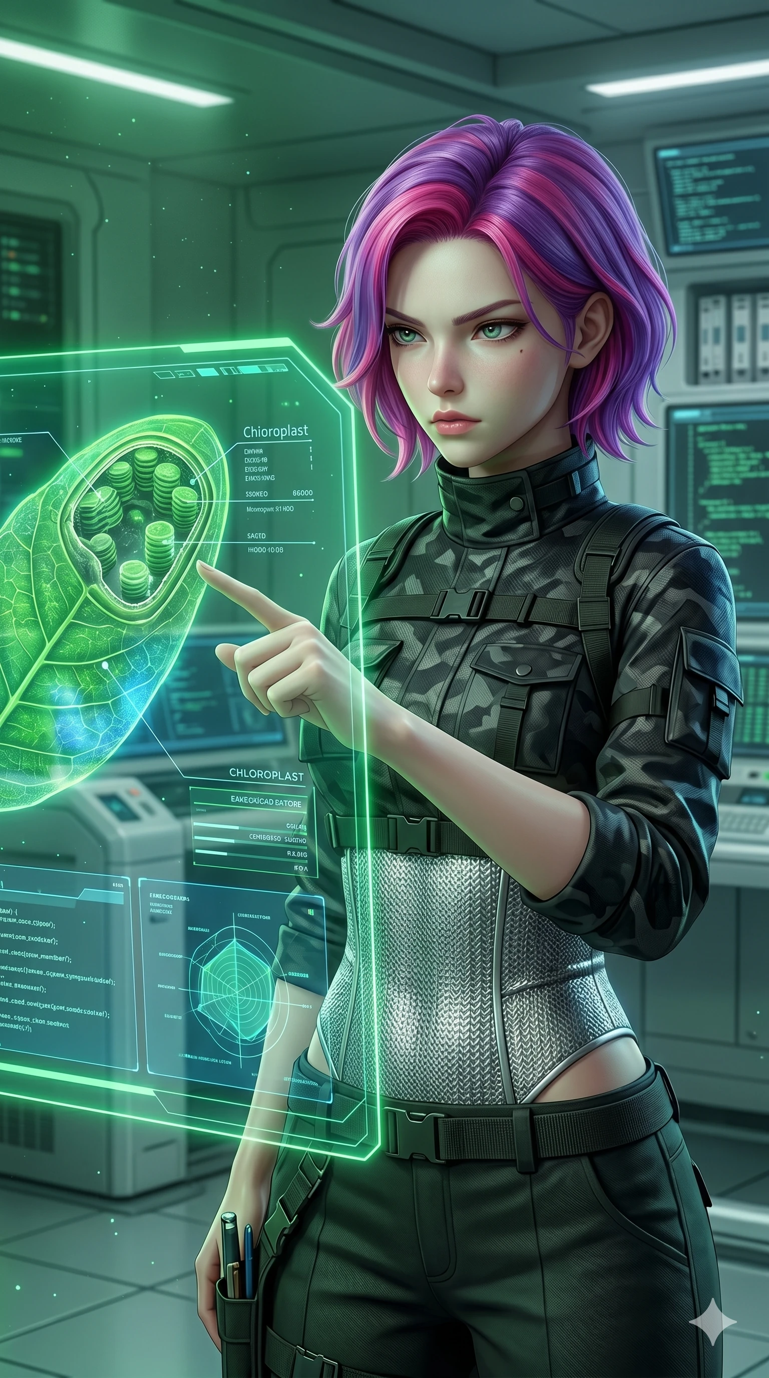 score_9, masterpiece, best quality, ultra-detailed, high-budget anime keyframe, semi-realistic 3D game render, Caucasian woman, strictly human ears. Upper body close-up from the thighs up, character filling the screen for maximum presence. Standing next to a giant glowing holographic leaf display, pointing at a leaf cell diagram with a focused, intense expression. She is wearing a tech-wear uniform shirt over a silver bodice and dark trousers. The scene is lit by the green lights of the holographic leaf cell screen. 2k, ultra detail, master piece, 9:16 ratio