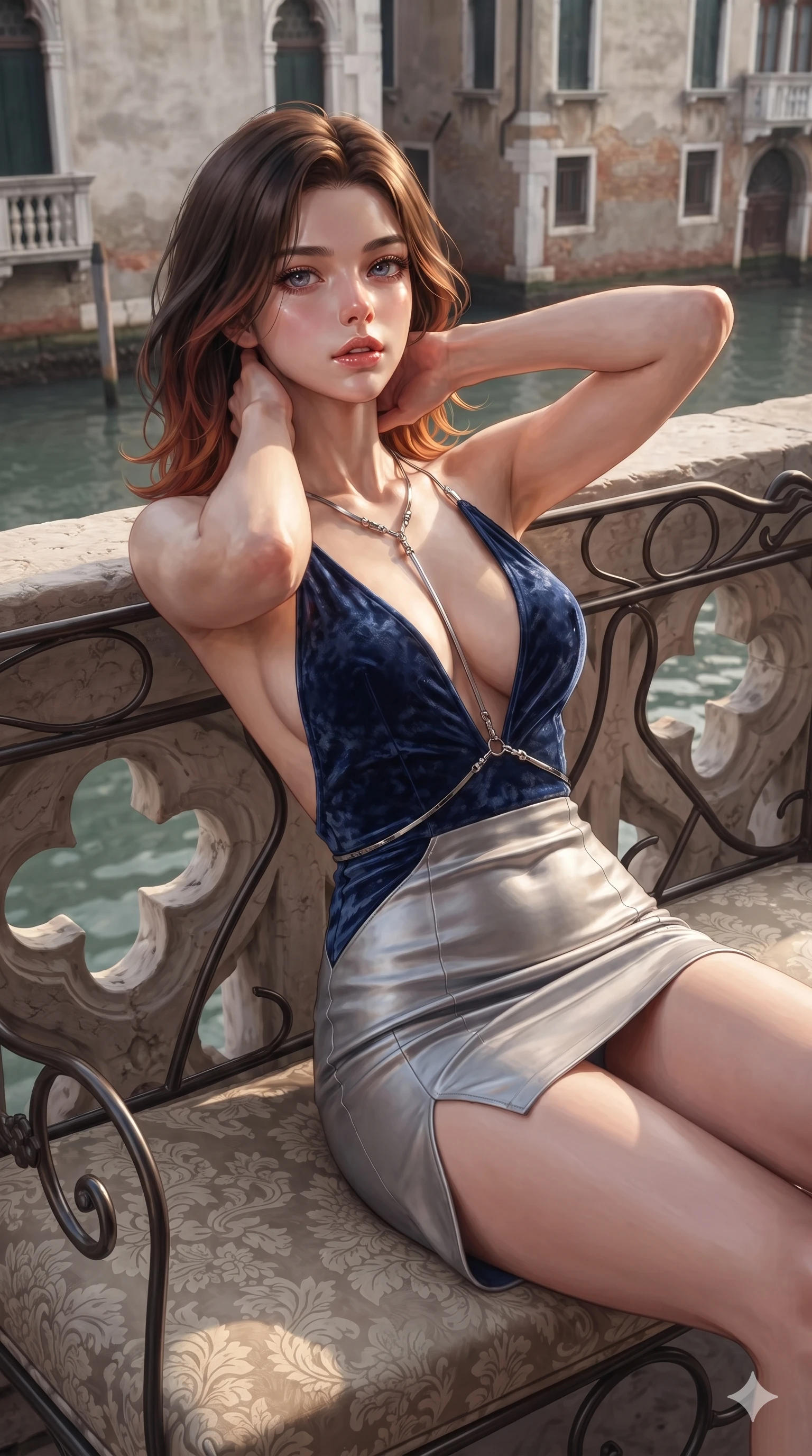 score_9, masterpiece, best quality, ultra-detailed, high-budget anime keyframe, editorial fashion photography, tasteful artistic composition, Korean woman. close-up cowboy shot from the waist and thighs up, the character dominates the composition, filling the frame with her large presence. resting both hands lightly behind her neck with elbows raised, arching her spine to highlight her narrow waist, flat midriff, and breathtaking collarbones while lounging languidly across a damask-upholstered wrought-iron settee on the balcony, her flat midriff and feminine hips bathed in soft Venetian dawn light. The surrounding environment is rendered in vivid detail and crisp panoramic clarity: sharp carved gothic cloverleaf stonework, canal water surface tension, and weathered palazzo stucco texture in deep focus. She has an exceptionally elegant, slender, and willowy female figure with an ultra-slim waist, flat toned midriff, narrow ribcage, and sculpted feminine hips creating an alluring, slim hourglass silhouette without bulk. sharp v-shaped jawline, high-bridge nose, intricate jewel-like sparkling eyes with depth, thick eyelashes, glossy parted lips with a natural sheen, intensely captivating and seductive bedroom-eyes expression, exuding both youthful cute charm and sovereign luxury allure, flawlessly proportioned anatomical accuracy, strict slender model proportions, natural body alignment, perfectly sculpted long slender limbs, ultra-slim waistline, clean dynamic posture without body distortion. wearing a backless crushed velvet mini dress with a deep plunging neckline and hip-high thigh slit in midnight sapphire blue and liquid platinum, woven from buttery-soft stretch lambskin leather adhering to her body like a second skin, accented with a chrome-drop body harness subtly framing her dewy collarbones and spine, the form-contouring cut accentuating her sculpted flat midriff, narrow delicate ribcage, and gracefully curvy hips with intoxicating allure. bathed in the soft romantic 2800K dawn light reflecting off the tranquil canal waters with delicate warm golden highlights. ultra-reflective glossy finish, specular highlights, rich textural contrasts, high-contrast stereoscopic depth, volumetric dynamic lighting, 2k, ultra detail, master piece, 9:16 ratio
