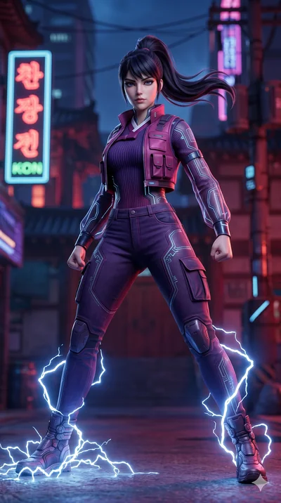 score_9, masterpiece, best quality, ultra-detailed, semi-realistic 3D game render, high-fidelity textures, Unreal Engine 5 style, Caucasian woman. Low angle medium shot capturing a powerful motion and statuesque presence. striking a powerful combat p