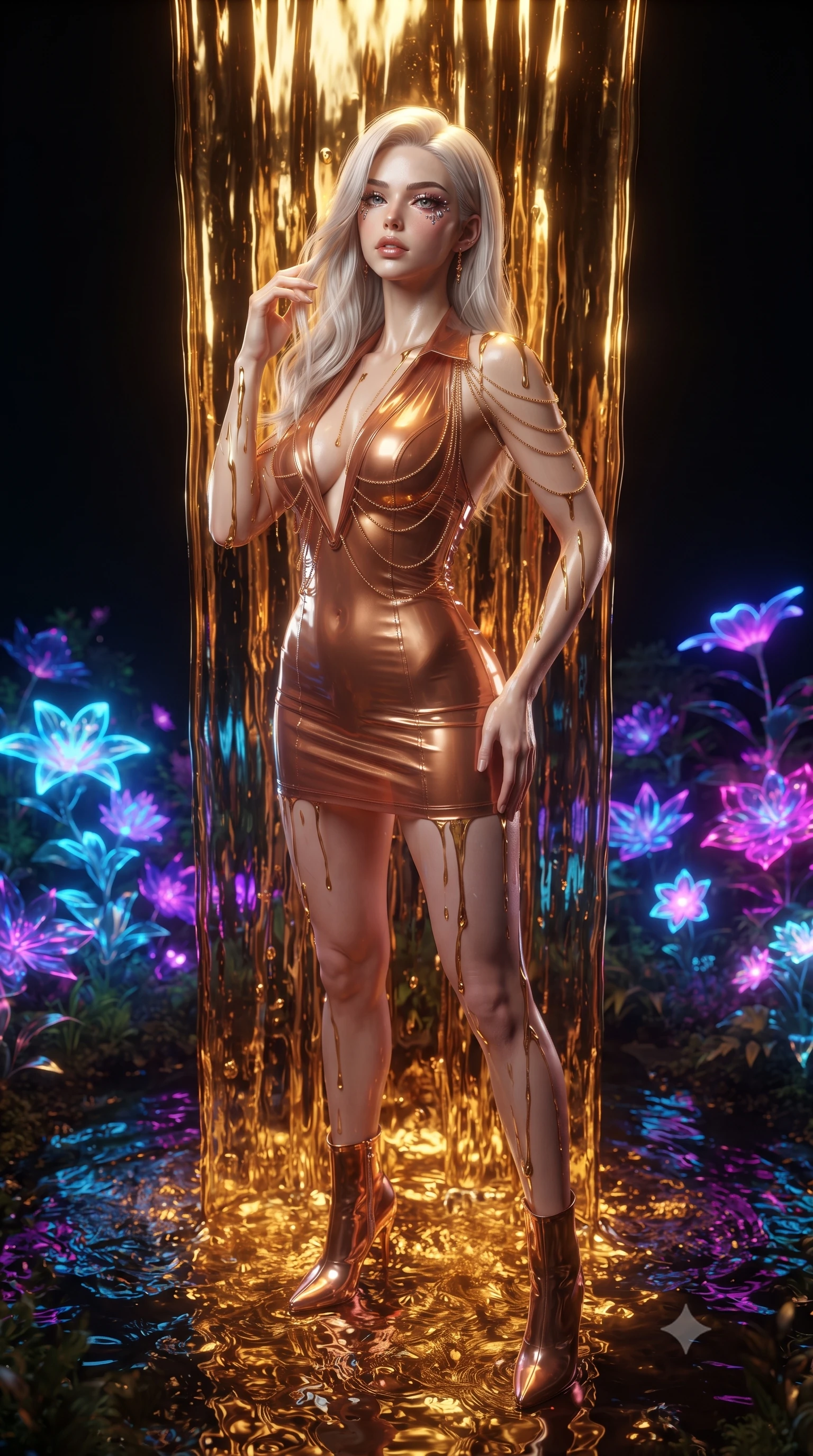 score_9, masterpiece, best quality, ultra-detailed, High-budget Anime Keyframe, editorial fashion photography, tasteful artistic composition, realistic cosplay photography, Caucasian woman, strictly human ears. Low angle cowboy shot filling the entire 9:16 frame with her statuesque presence. Scenario 499: standing under a waterfall of liquid gold, the fluid coating her form, in a virtual garden where neon flowers bloom in the dark. Her presence is magnetic and overpowering in this high-budget cinematic scene. Outfit 499: a form-contouring metallic copper translucent PVC mini dress featuring an elegant plunging collar and fine gold chains. The clothing is designed to emphasize her exceptionally tall and slender 8-heads proportion. 8-heads proportion, towering silhouette, ultra-slim waist. sharp v-shaped jawline, intricate jewel-like eyes with depth, thick eyelashes, glossy lips. ultra-reflective glossy finish, specular highlights, metallic sheen, high-contrast stereoscopic depth, volumetric dynamic lighting, 2k, ultra detail, master piece, 9:16 ratio