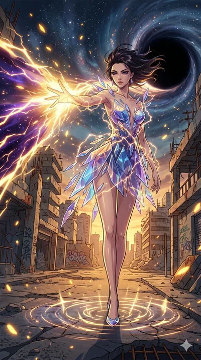 score_9, masterpiece, best quality, ultra-detailed, Set A: High-budget Anime Keyframe, Korean woman. Low angle cowboy shot filling the entire 9:16 frame with her statuesque presence. Theme: Urban Decay. unleashing a massive energy wave in the edge of