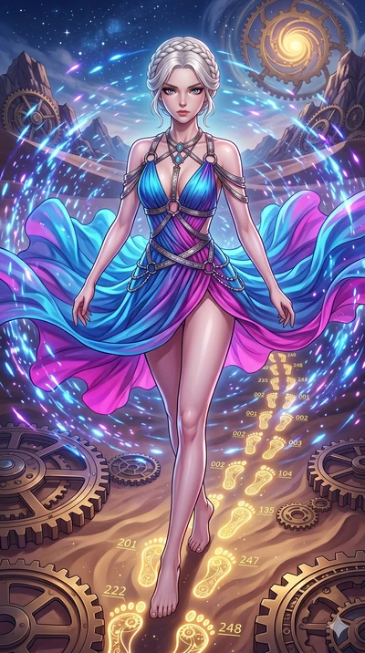score_9, masterpiece, best quality, ultra-detailed, Set A: High-budget Anime Keyframe, Korean woman. Upper body close-up from the thighs up, character filling the screen for maximum presence. Sliding through a clockwork desert, as she leaves a trail 