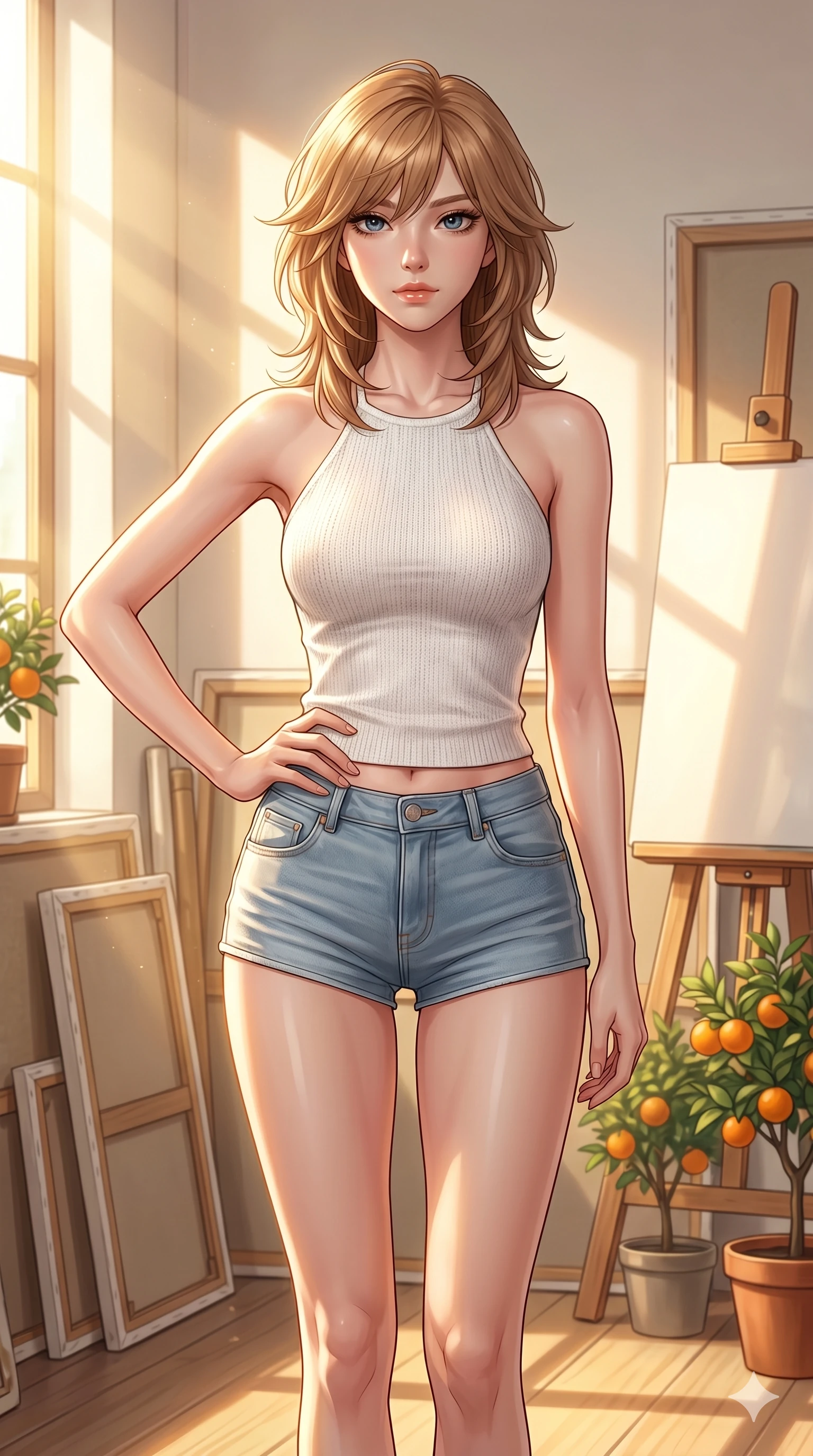score_9, masterpiece, best quality, ultra-detailed, high-budget anime keyframe, editorial fashion photography, tasteful artistic composition, Korean woman. cowboy shot from the thighs up, character and outfit filling the frame for maximum editorial presence. resting her hand on her hip, looking directly into the camera with quiet self-assurance inside a sun-washed art atelier with canvasses and potted orange trees (Code-P16-053). She has an absolutely perfect 8-heads proportion, an exceptionally tall and slender female figure with impossibly long slender legs and an ultra-slim waist. V-shaped jawline, high-bridge nose, intricate jewel-like eyes with depth, thick eyelashes, glossy lips with a natural sheen. wearing a white knit halter top showing her elegant clavicle lines, paired with micro-shorts. drenched in brilliant afternoon sunshine, casting warm rays that trace her athletic build. 2k, ultra detail, master piece, 9:16 ratio