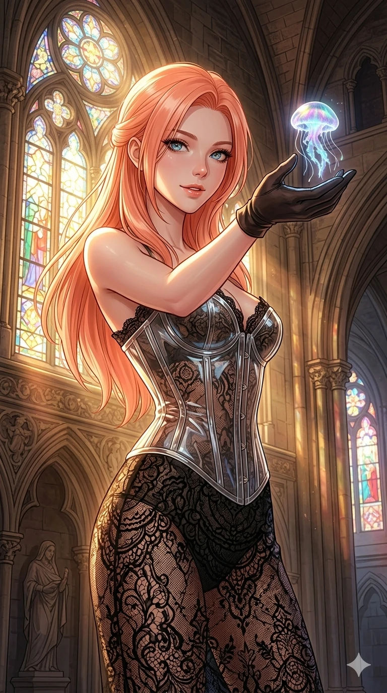 score_9, masterpiece, best quality, ultra-detailed, high-budget anime keyframe, editorial fashion photography, tasteful artistic composition, Japanese woman. cowboy shot from the thighs up, character and outfit filling the frame for maximum editorial presence. reaching a hand toward a floating jellyfish, looking at the camera with a mystical smile in a gothic cathedral with stained-glass (Code-P17-184). She has an absolutely perfect 8-heads proportion, an exceptionally tall and slender female figure with impossibly long slender legs and an ultra-slim waist. V-shaped jawline, high-bridge nose, intricate jewel-like eyes with depth, thick eyelashes, glossy lips with a natural sheen. wearing a transparent PVC corset over a black lace dress. drenched in brilliant afternoon sunshine, highlighting her sleek silhouette and smooth skin. 2k, ultra detail, master piece, 9:16 ratio