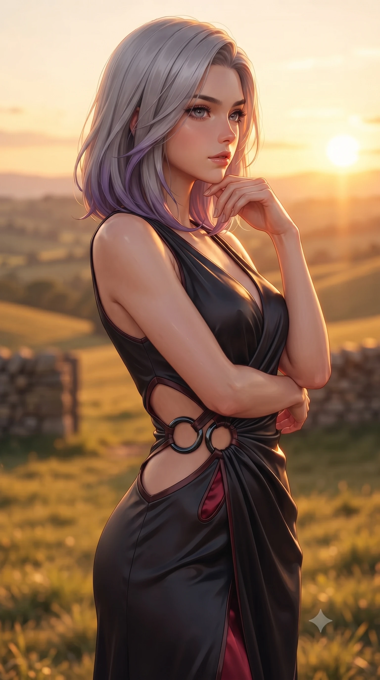 score_9, masterpiece, best quality, ultra-detailed, high-budget anime keyframe, editorial fashion photography, tasteful artistic composition, Caucasian woman. close-up cowboy shot from the waist and thighs up, the character dominates the composition, filling the frame with her large presence, background elements kept in soft focus. Resting her chin on the backs of her fingers with an air of effortless superiority, looking out over rolling golden hills as evening wind trails move her silk dress, intense golden-hour sunbeams casting warm amber light across her skin. She has an exceptionally elegant, slender, and willowy female figure with an ultra-slim waist, a gracefully sculpted slender torso, and a refined silhouette. sharp v-shaped jawline, high-bridge nose, intricate jewel-like eyes with depth, thick eyelashes, glossy lips with a natural sheen. wearing draped obsidian silk gown featuring tasteful waist slit cutouts in dark mahogany, made of soft crimson satin, accented with sculpted obsidian chrome rings at the waist, following her slender form with tailored precision. illuminated by rich amber daylight and warm fill light from stone walls. highly saturated vibrant anime colors, detailed shading with soft gradients, rich glossy textures, high-contrast stereoscopic depth, volumetric dynamic lighting, master piece, 9:16 ratio