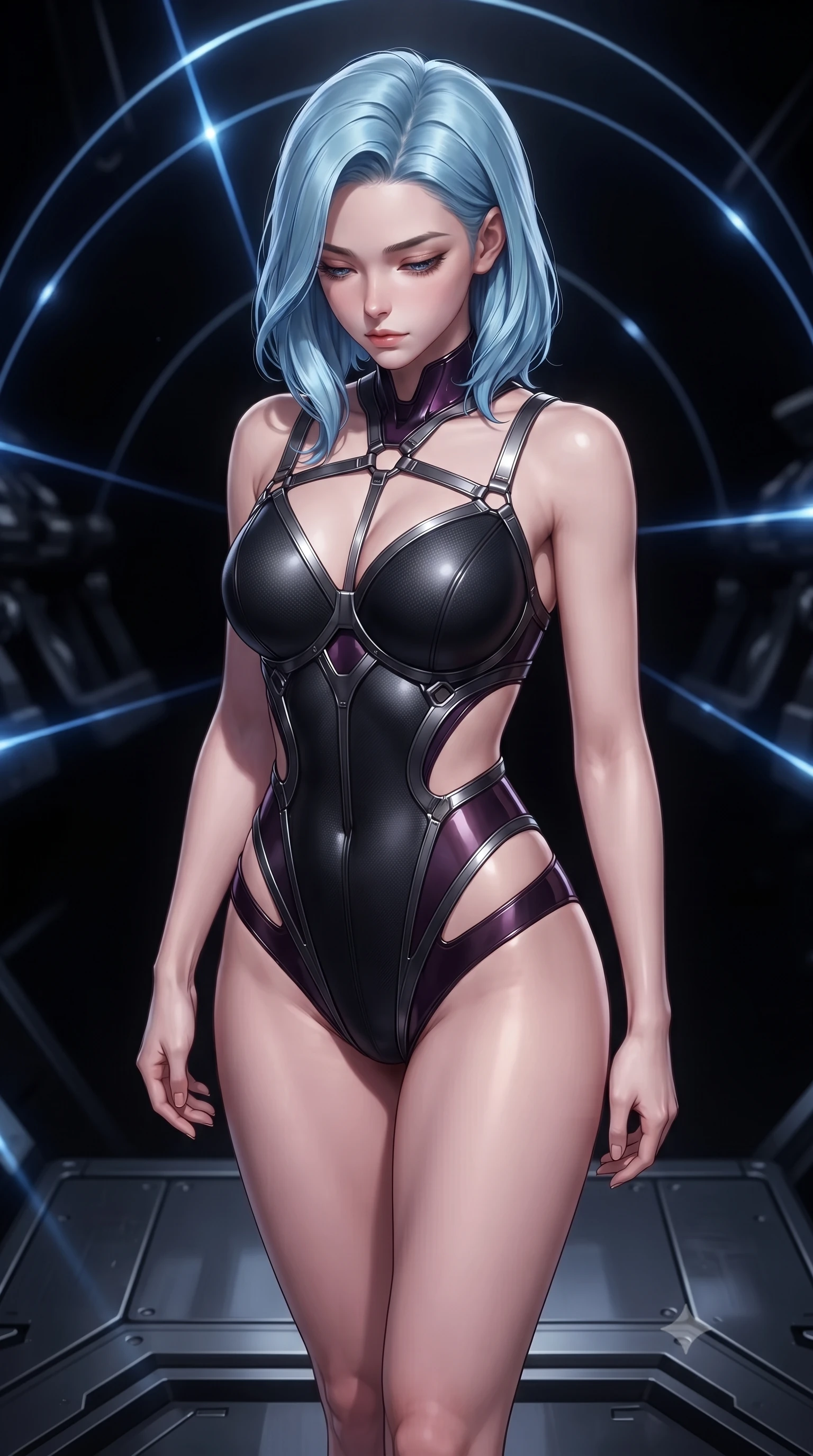 score_9, masterpiece, best quality, ultra-detailed, high-budget anime keyframe, editorial fashion photography, tasteful artistic composition, Korean woman. close-up cowboy shot from the waist and thighs up, the character dominates the composition, filling the frame with her large presence, background elements kept in soft focus. Looking down with lowered lashes and a composed, powerful dark aura, standing on a dark metallic platform as laser scanning arches pass over her, sleek mechanical details in pitch-black background soft focus. She has an exceptionally elegant, slender, and willowy female figure with an ultra-slim waist, a gracefully sculpted slender torso, and a refined silhouette. sharp v-shaped jawline, high-bridge nose, intricate jewel-like eyes with depth, thick eyelashes, glossy lips with a natural sheen. wearing sculpted structured cup bodysuit in matte black carbon-fiber with hip cutouts in dark plum violet, made of high-gloss liquid vinyl, highlighted by a gunmetal metallic harness structure, following her slender form with tailored precision. lit by intense key ray emerging from deep armoury shadows. highly saturated vibrant anime colors, detailed shading with soft gradients, rich glossy textures, high-contrast stereoscopic depth, volumetric dynamic lighting, master piece, 9:16 ratio